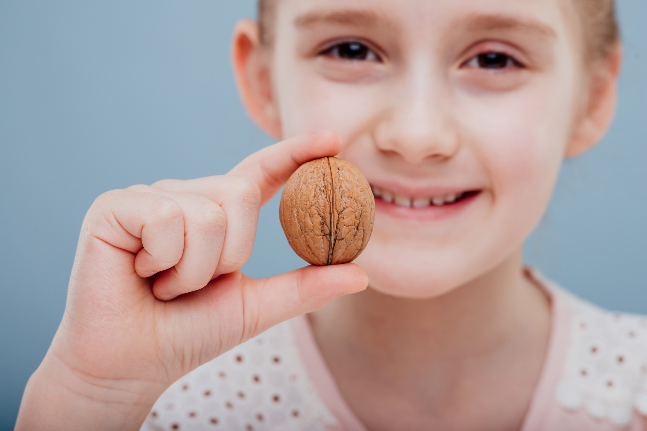 close up, portret of child with walnut in hand isolated on blue