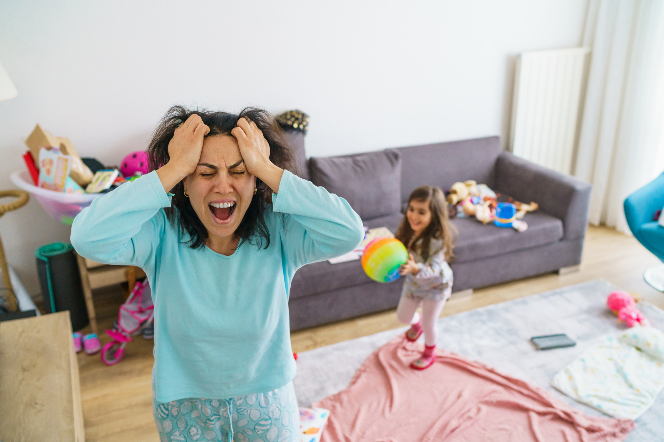 Naughty Girl Playing With Her Tired Mother