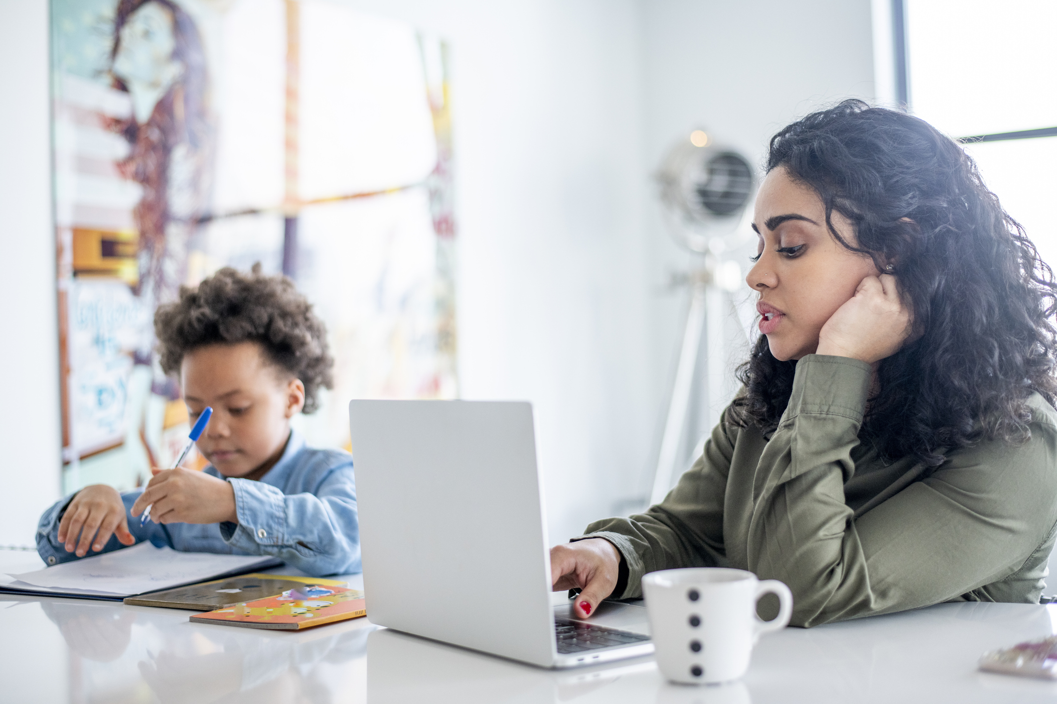 Mother working from home