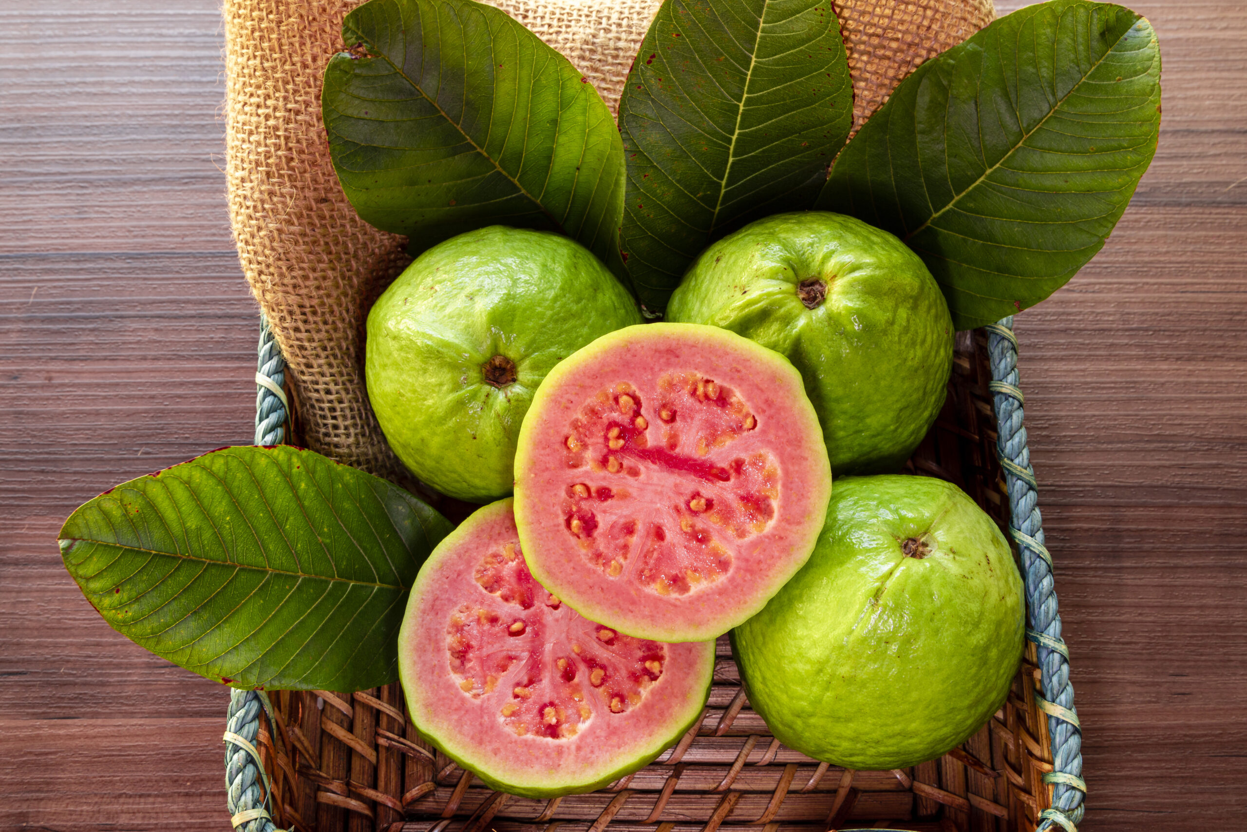 Closeup of a red guava cut in half, in the background several guavas and green leaf.