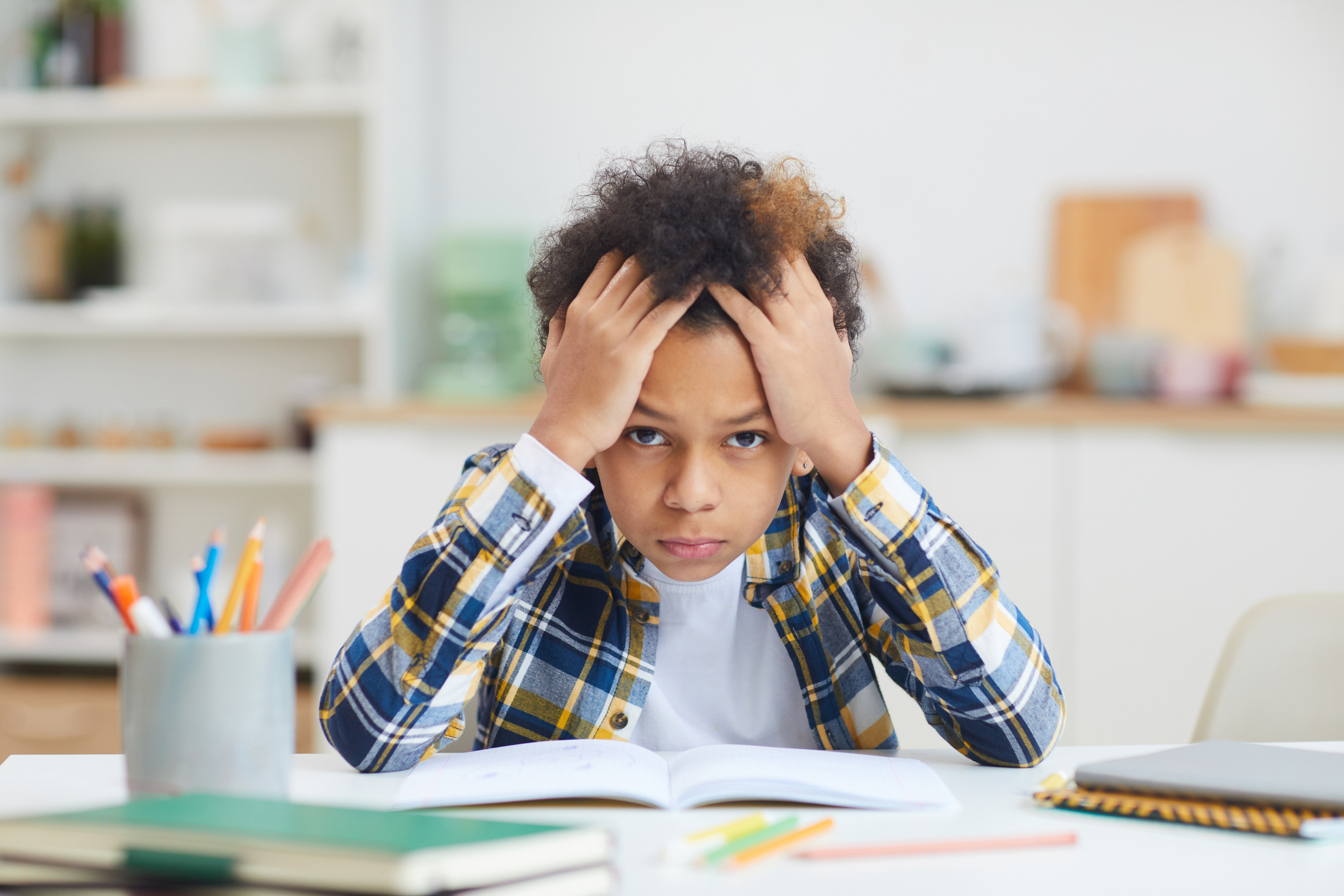 African-American Boy Studying at Home