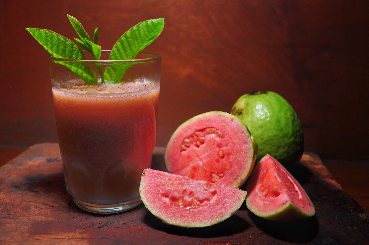 Guava juice on wooden table