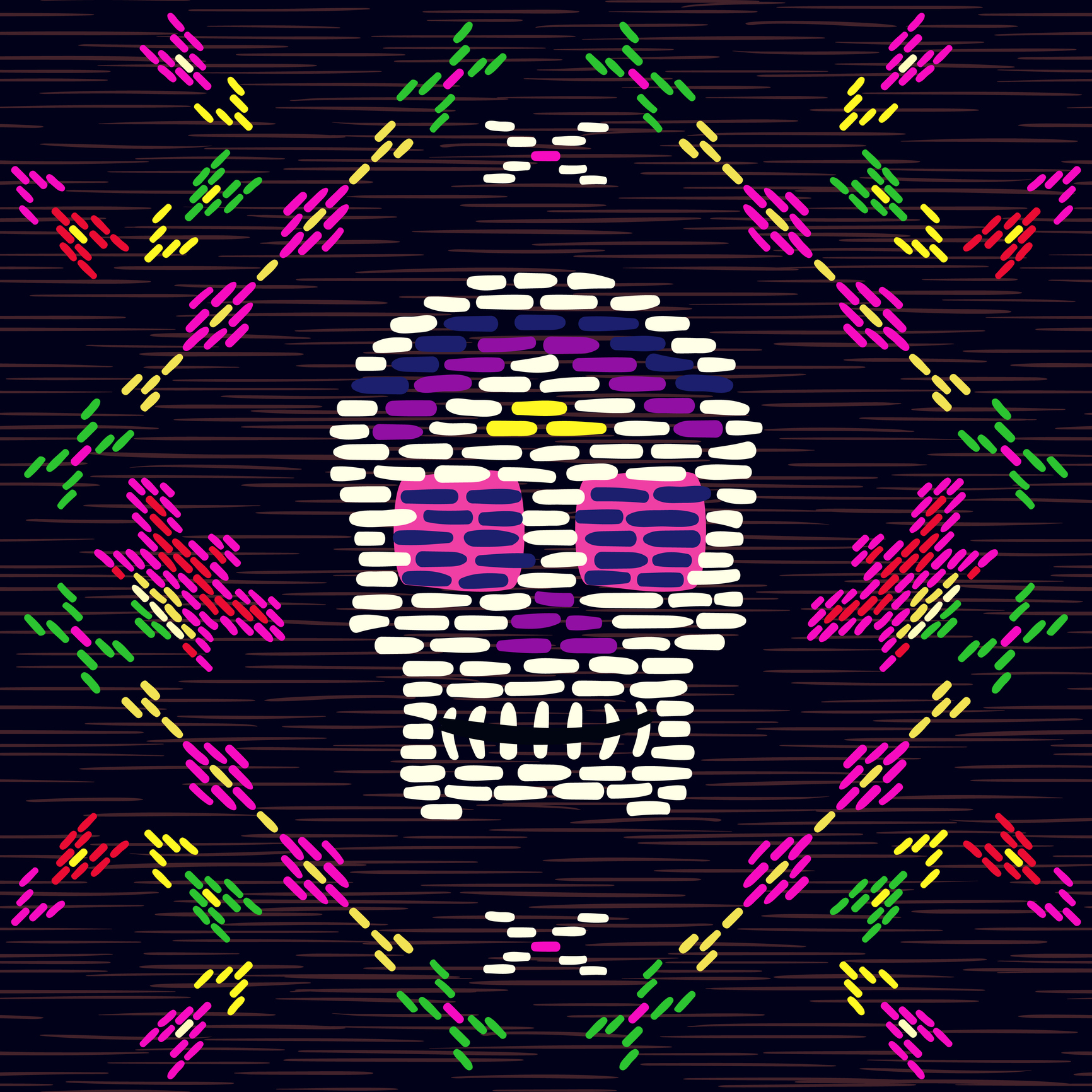 Embroidery skull and flowers. Ethnic mexican multicolor fabric background with colorful cranium element.