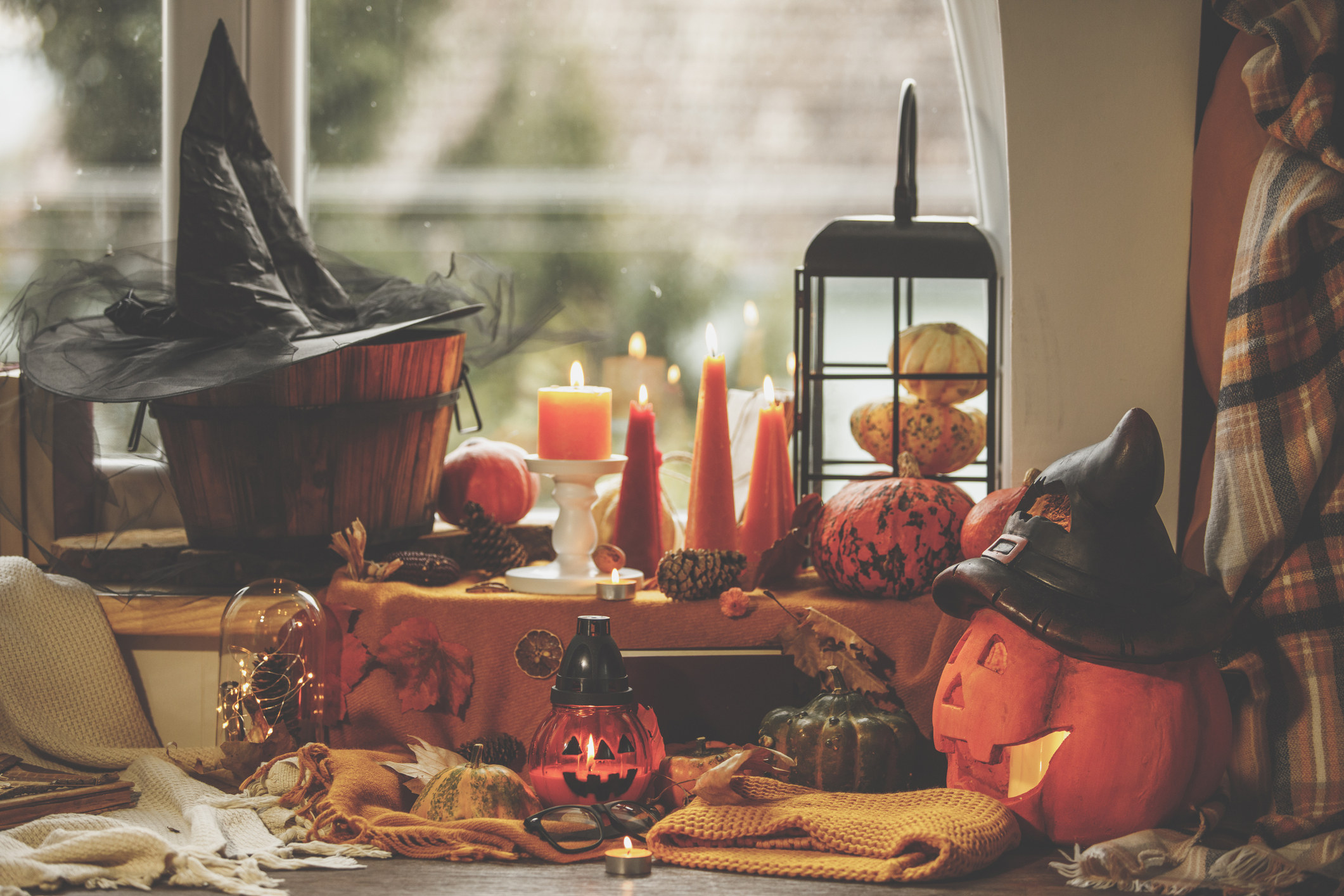 Front view of Halloween embellishments by the window