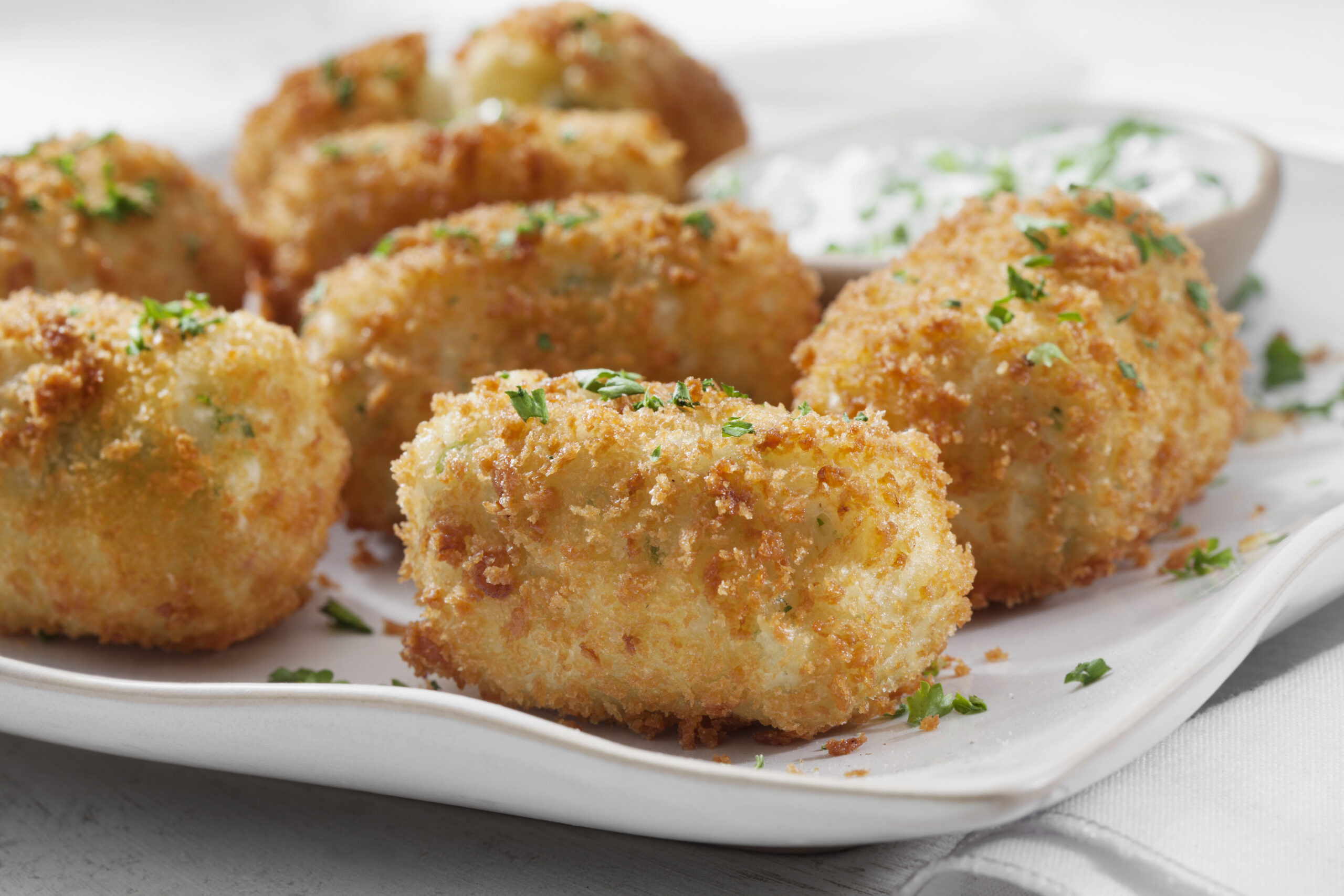 Creamy Mashed Potato Croquettes with Cheese and Sour Cream Dip