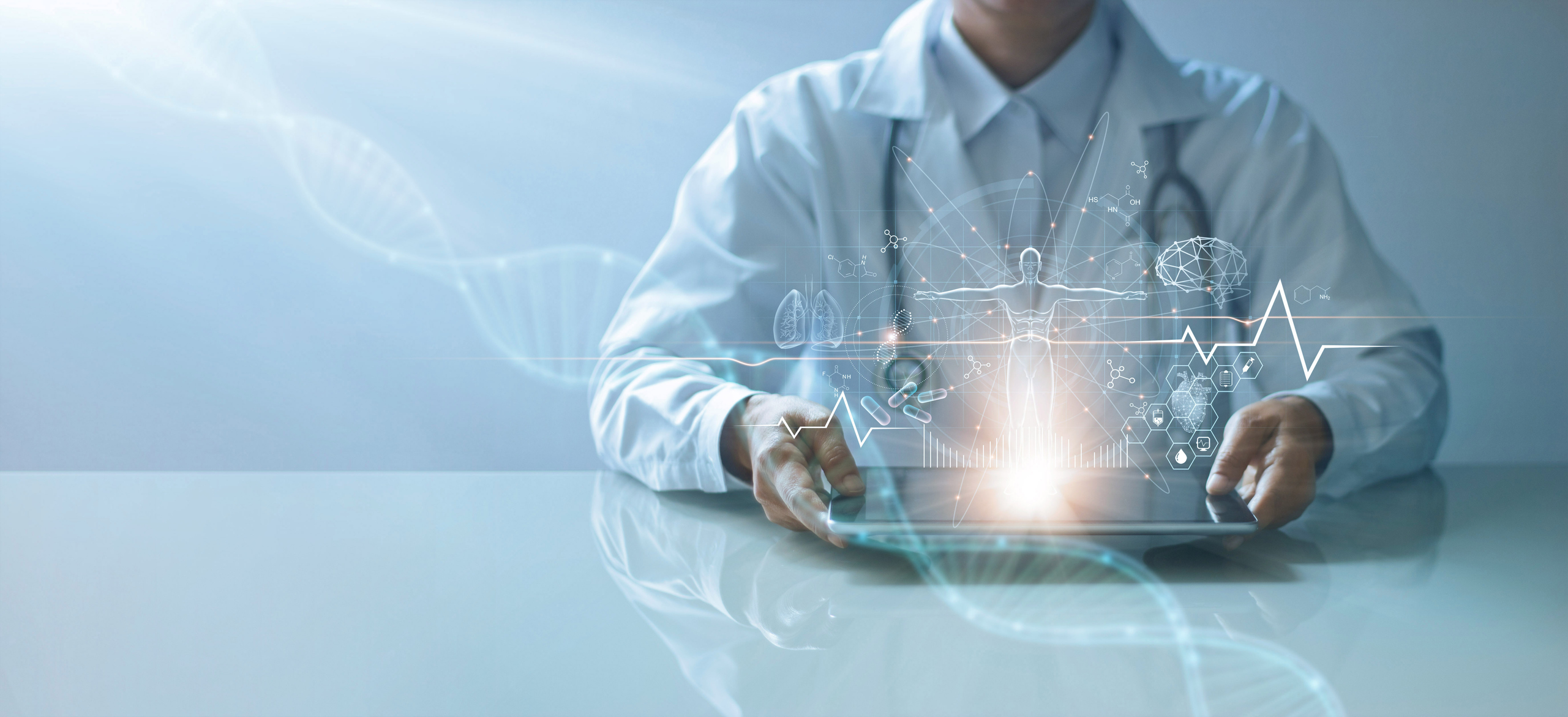 Medicine doctor holding electronic medical record on tablet. DNA. Digital healthcare and network connection on hologram virtual  interface, Science and innovative, Medical technology and network concept