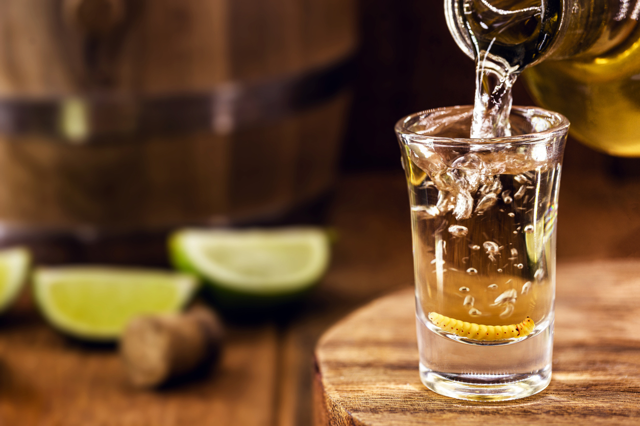 typical mexican drink bottle filling a glass of mezcal (or mescal), a rare mexican distilled beverage that contains an aphrodisiac larva or worm inside