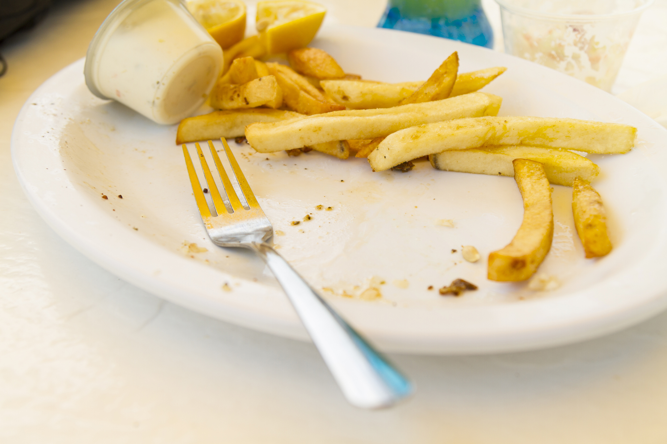 Scraps on an empty greasy plate with leftover Fish, chips and coleslaw food over a plastic table at the beach, on left a metal shinny fork.