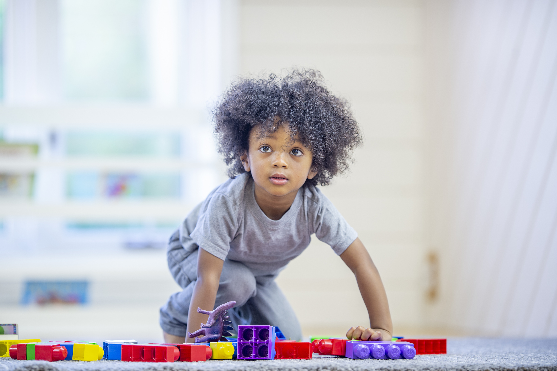 Cute preschool boy playing with colourful blocks