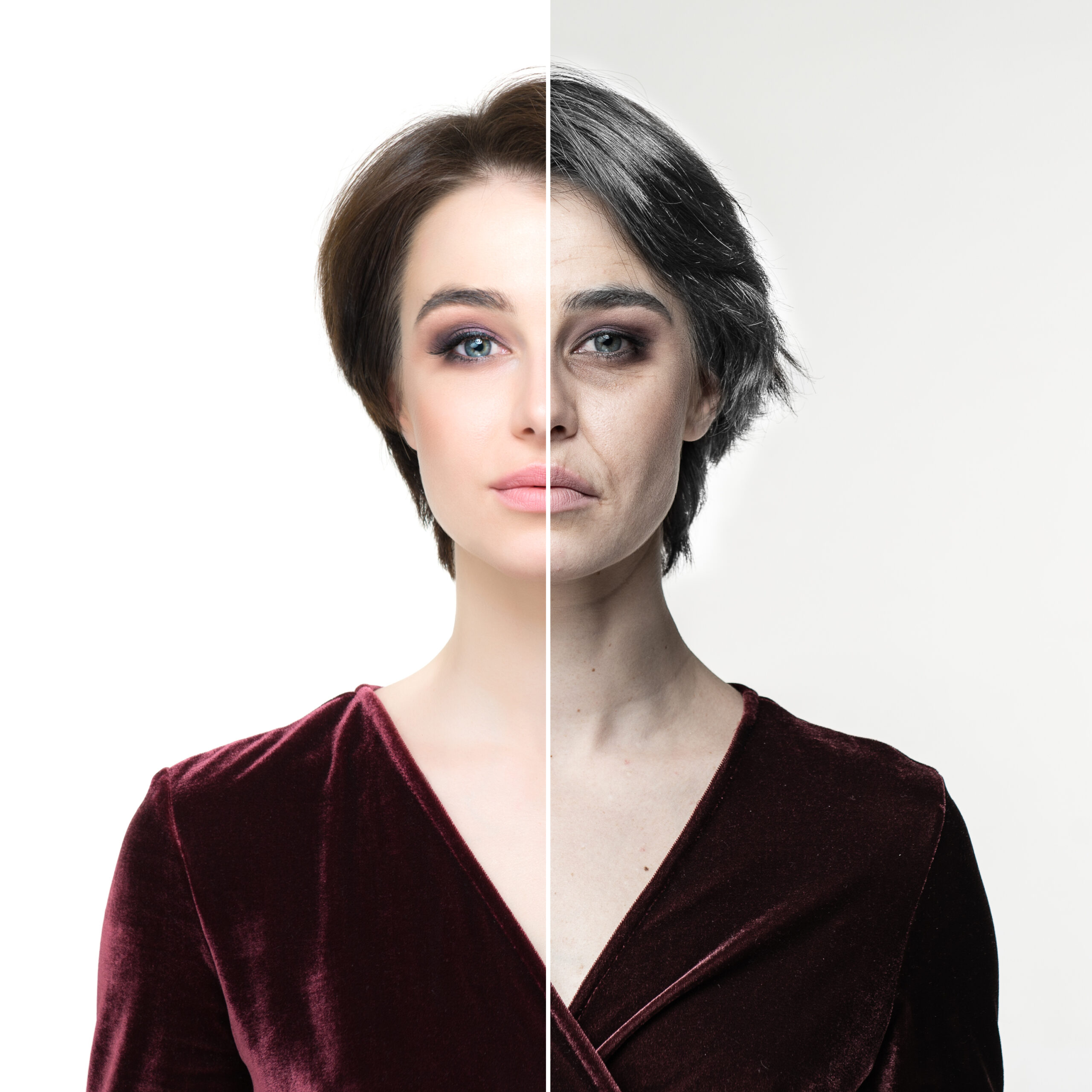 Anti-aging, beauty treatment, aging and youth, lifting, skincare, plastic surgery concept. Beautiful girl with half young female face and half face of old woman with wrinkles, dark circles under the eyes. Retouch.