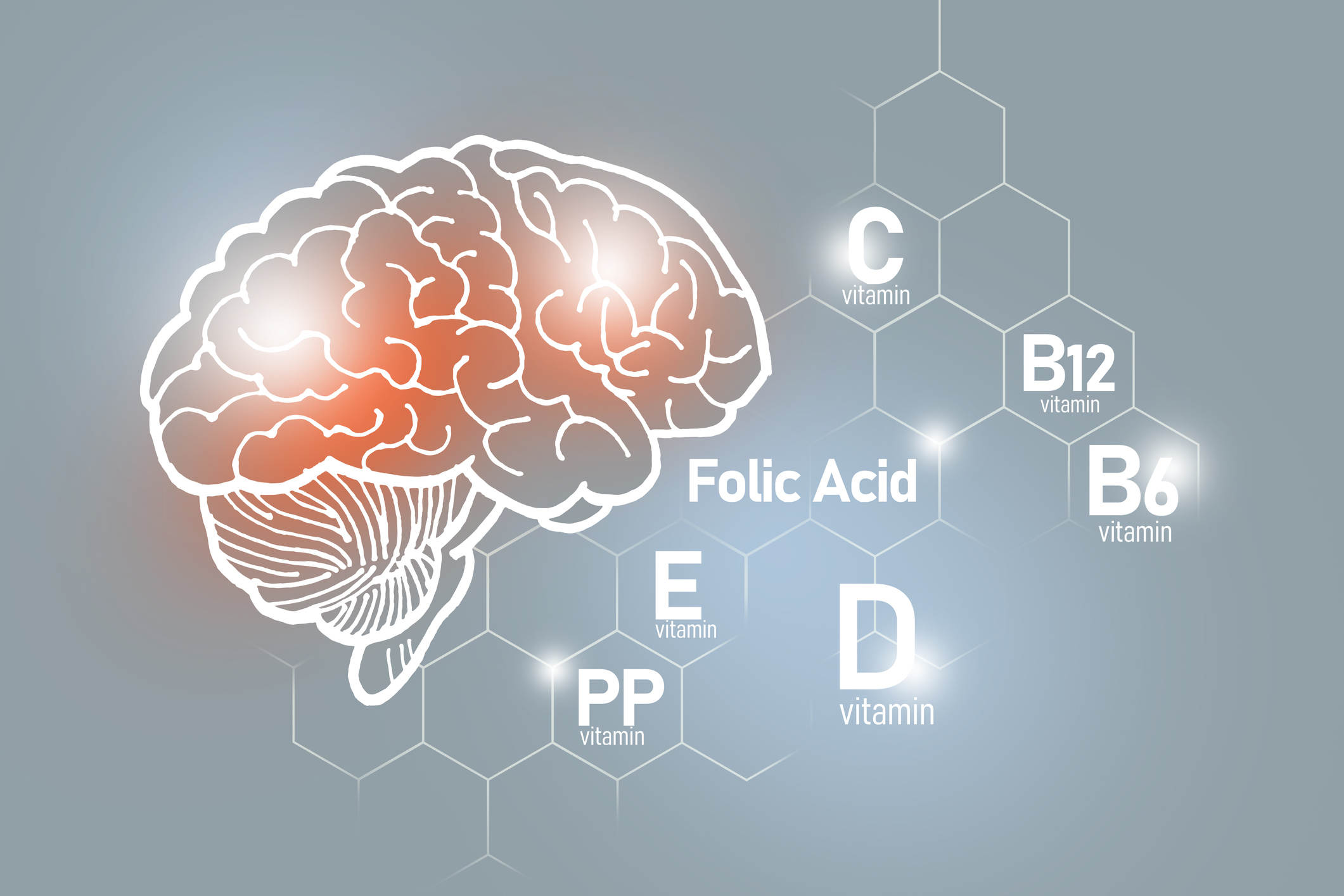 Essential nutrients for brain health including vitamin C, vitamin B, folic acid, vitamin PP.