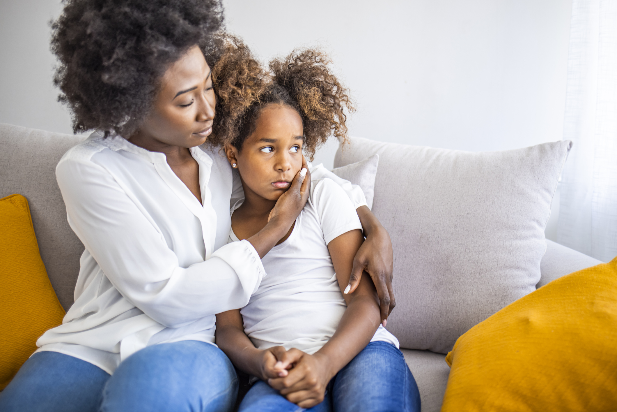 Loving mother consoling or trying make peace with insulted upset stubborn kid daughter