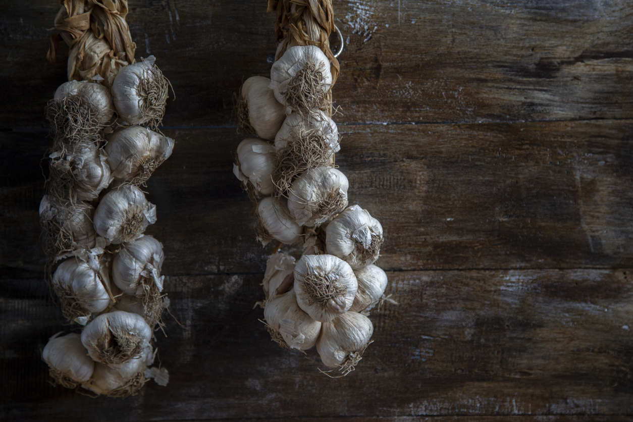 raw garlic hanging on the wall