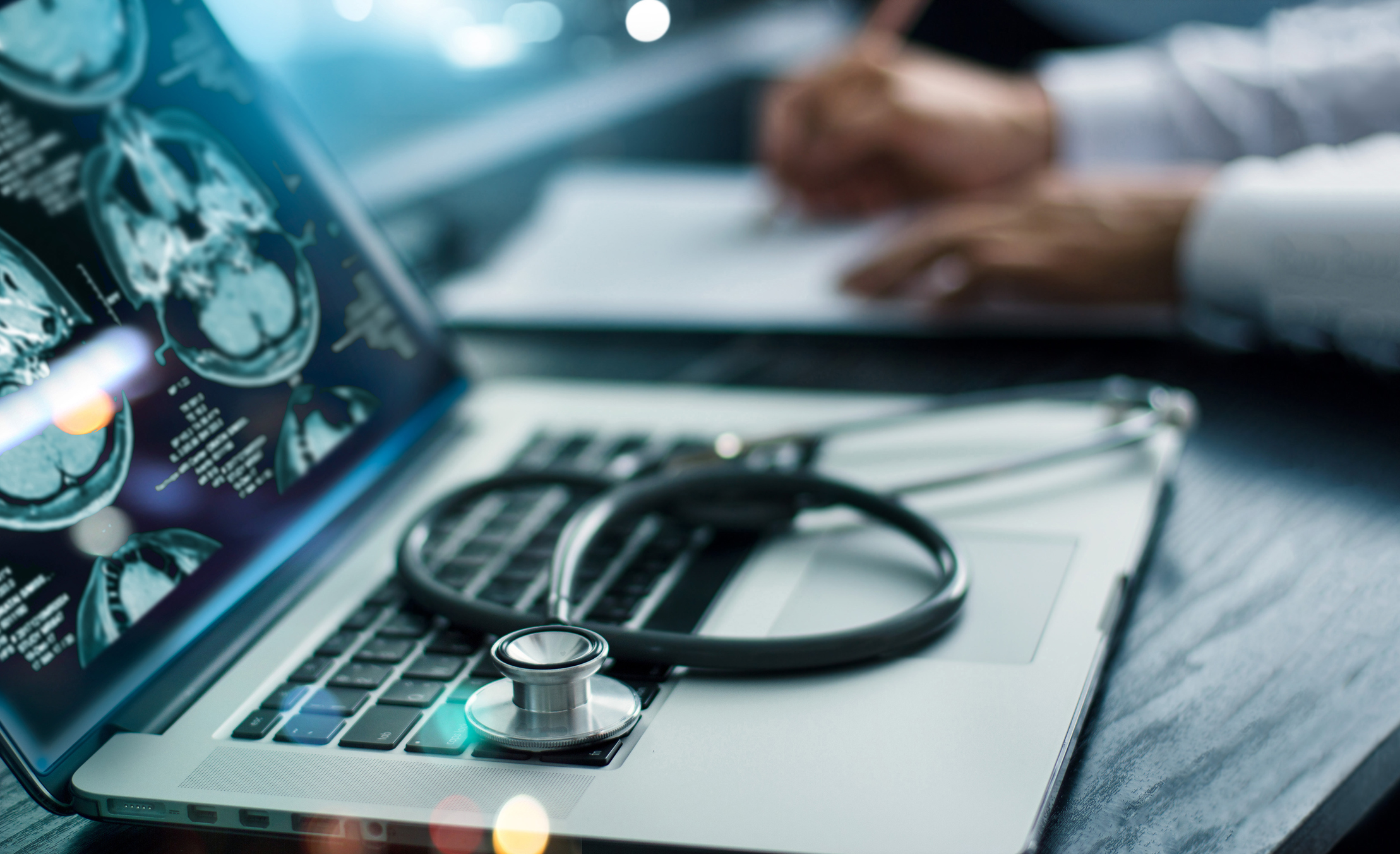 Medicine doctor research and analysis. Diagnose checking brain testing result patient with screen interface on laptop and stethoscope, Futuristic healthcare, Medical technology and innovative concept