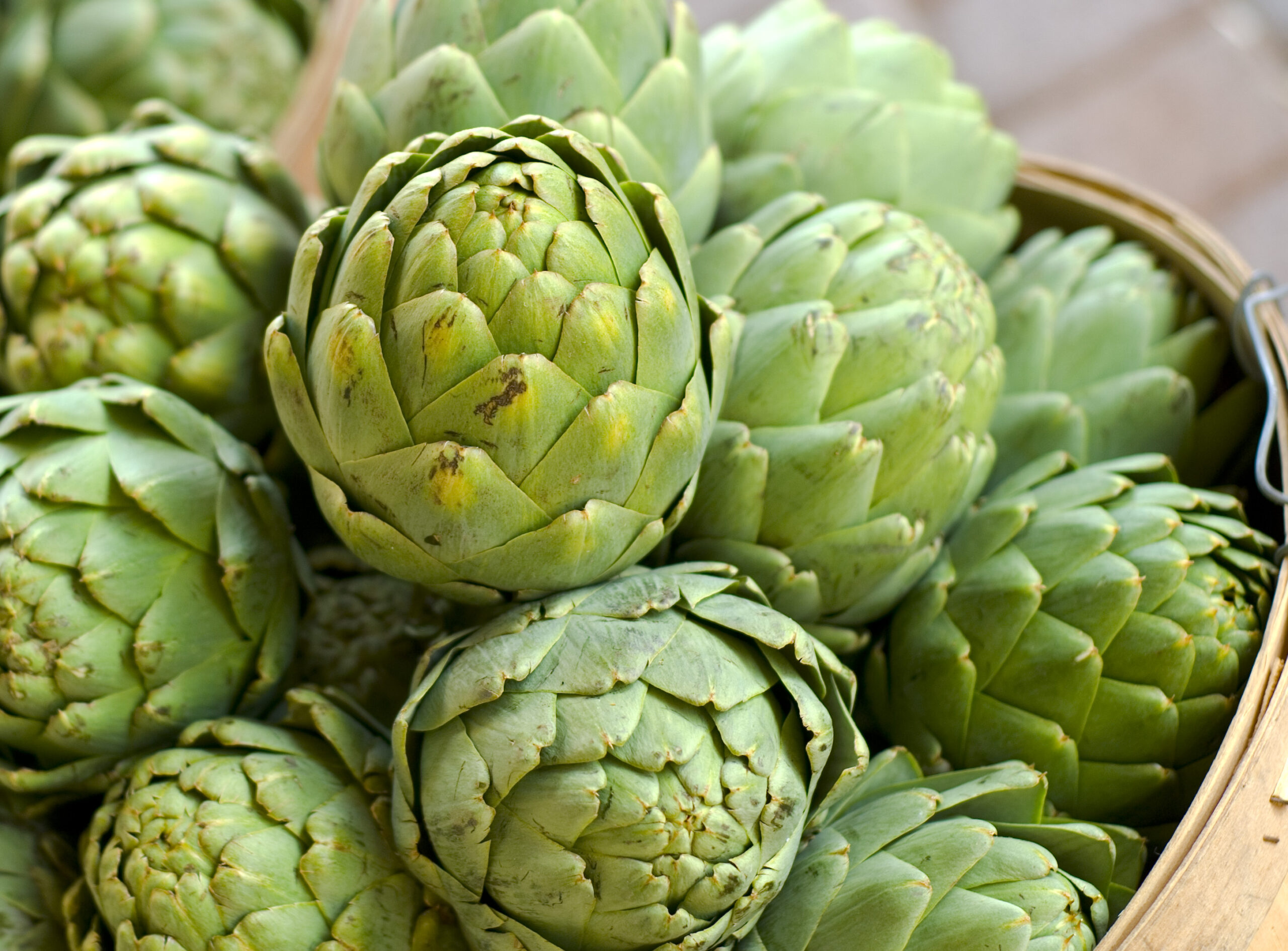 Artichoke in Baskets, Fresh Spring Vegetables at Farmer's Market