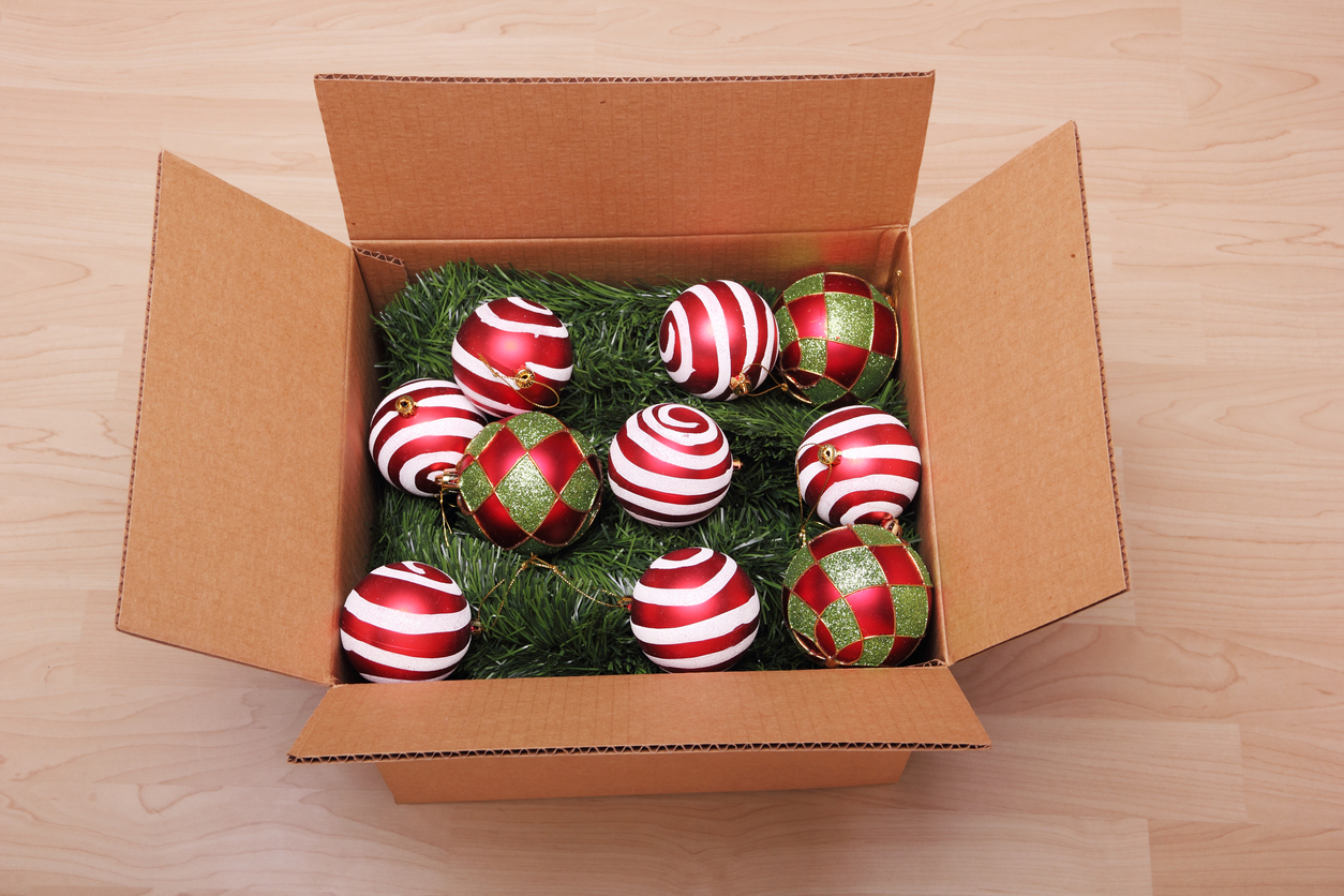 Christmas ornaments in a box