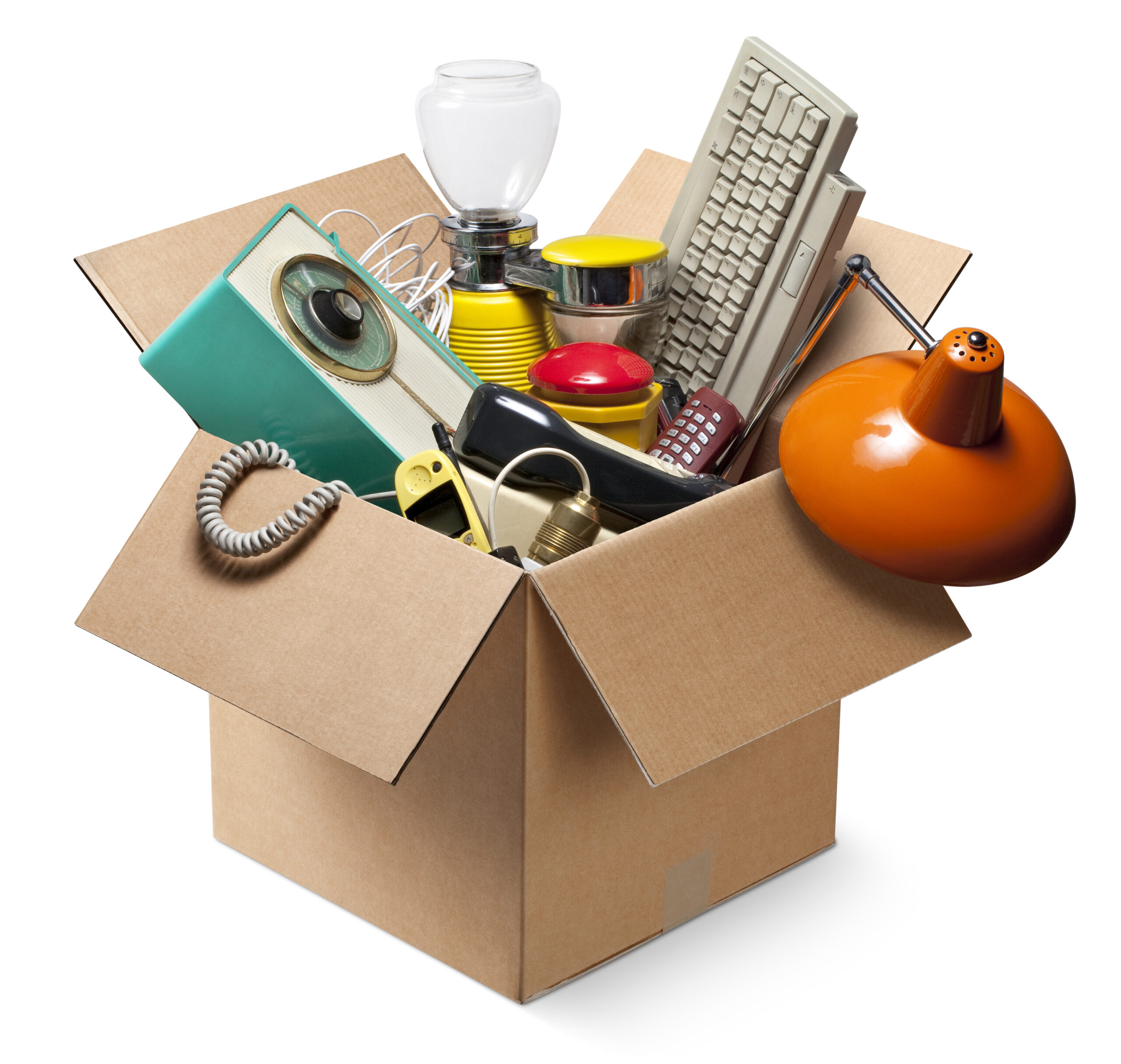 Cardboard box with old electrical appliances