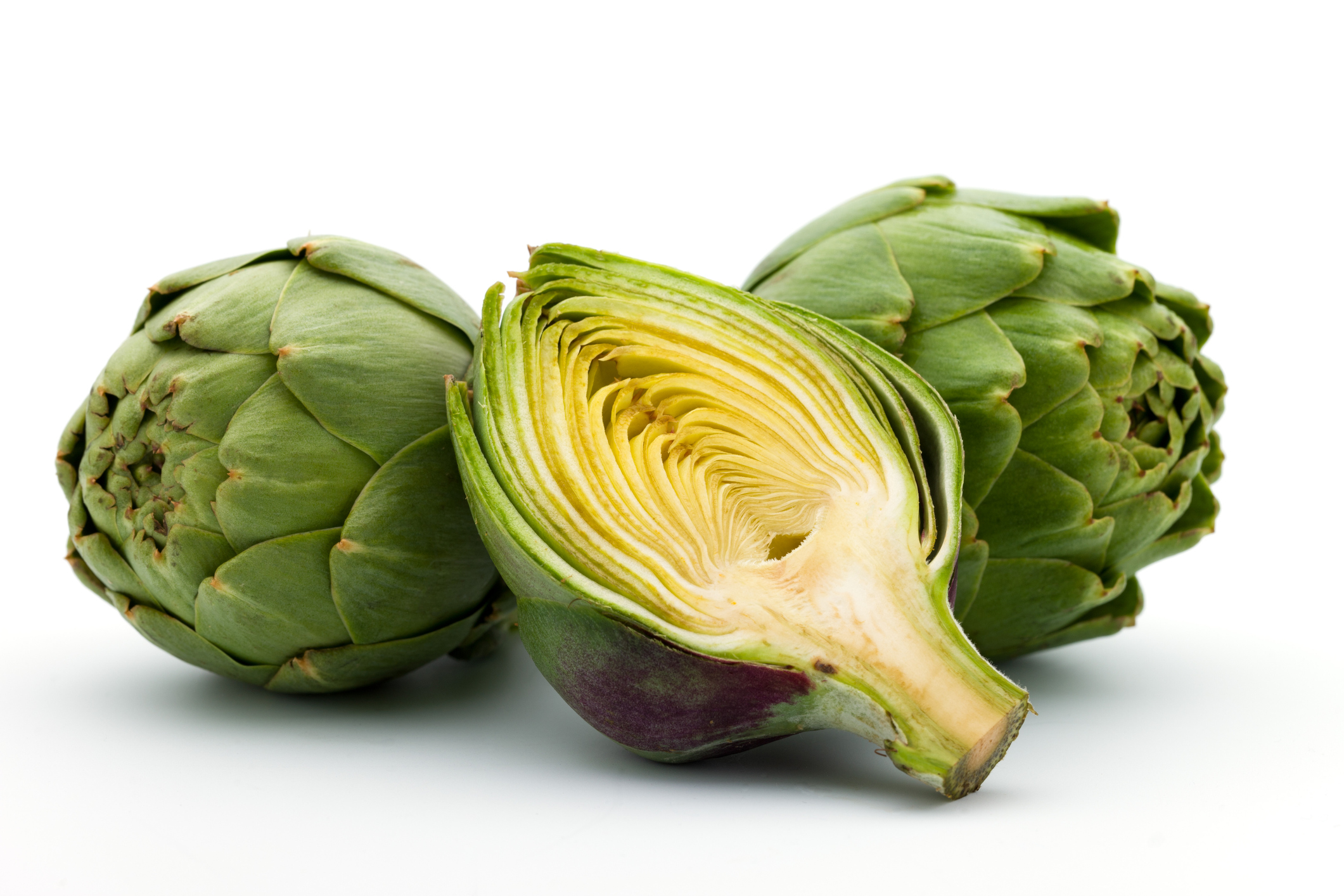 Close-up of fresh artichokes on white background