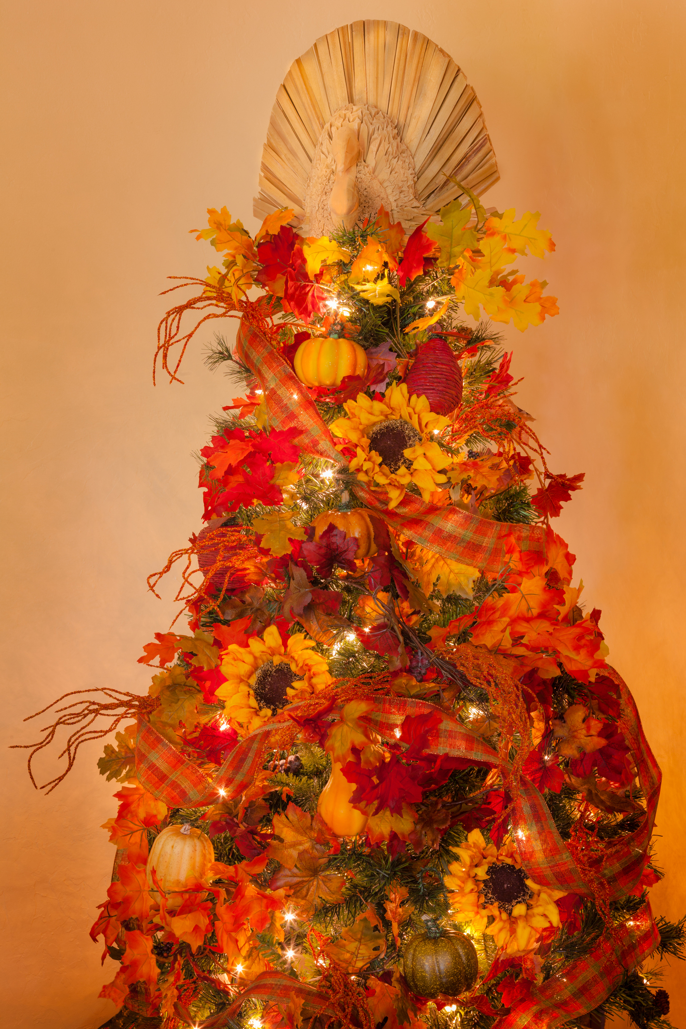 Christmas tree decorated in Thanksgiving and Autumn leaves ,Sunflowers-P