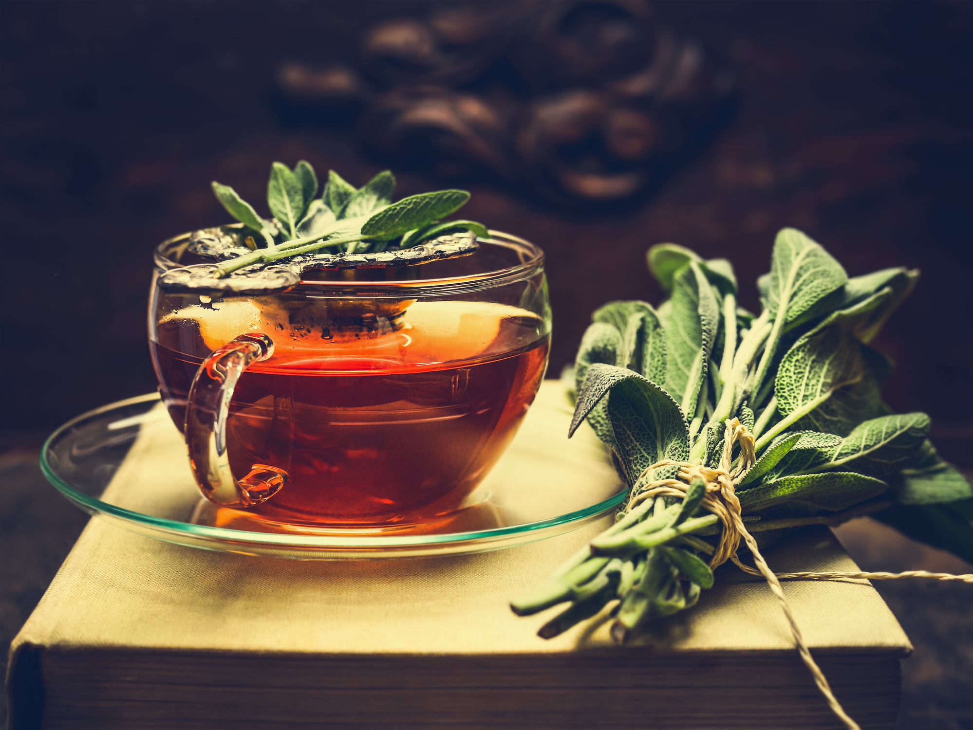 Herbal tea made from sage in glass cup