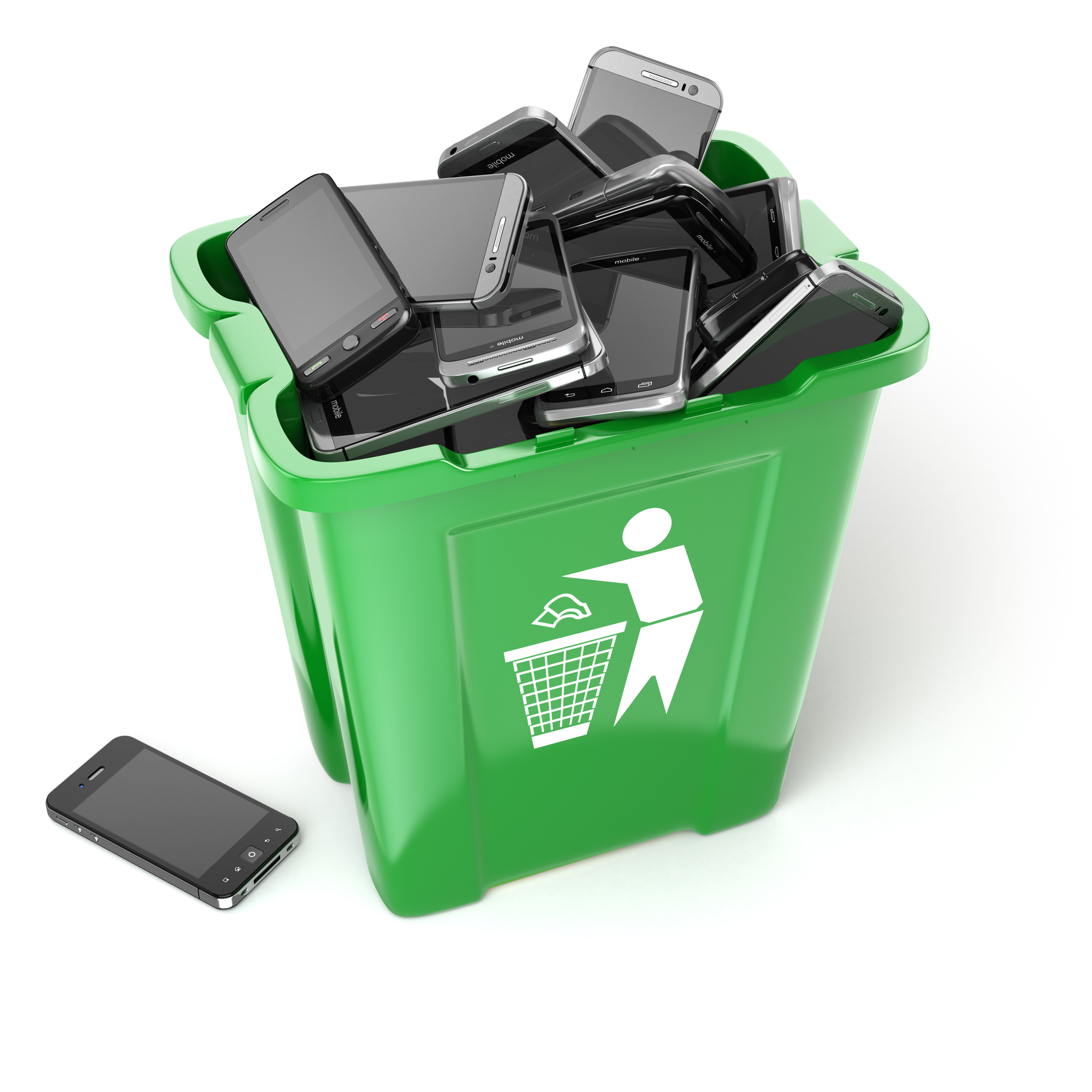 Mobile phones in trash can isolated on white background.