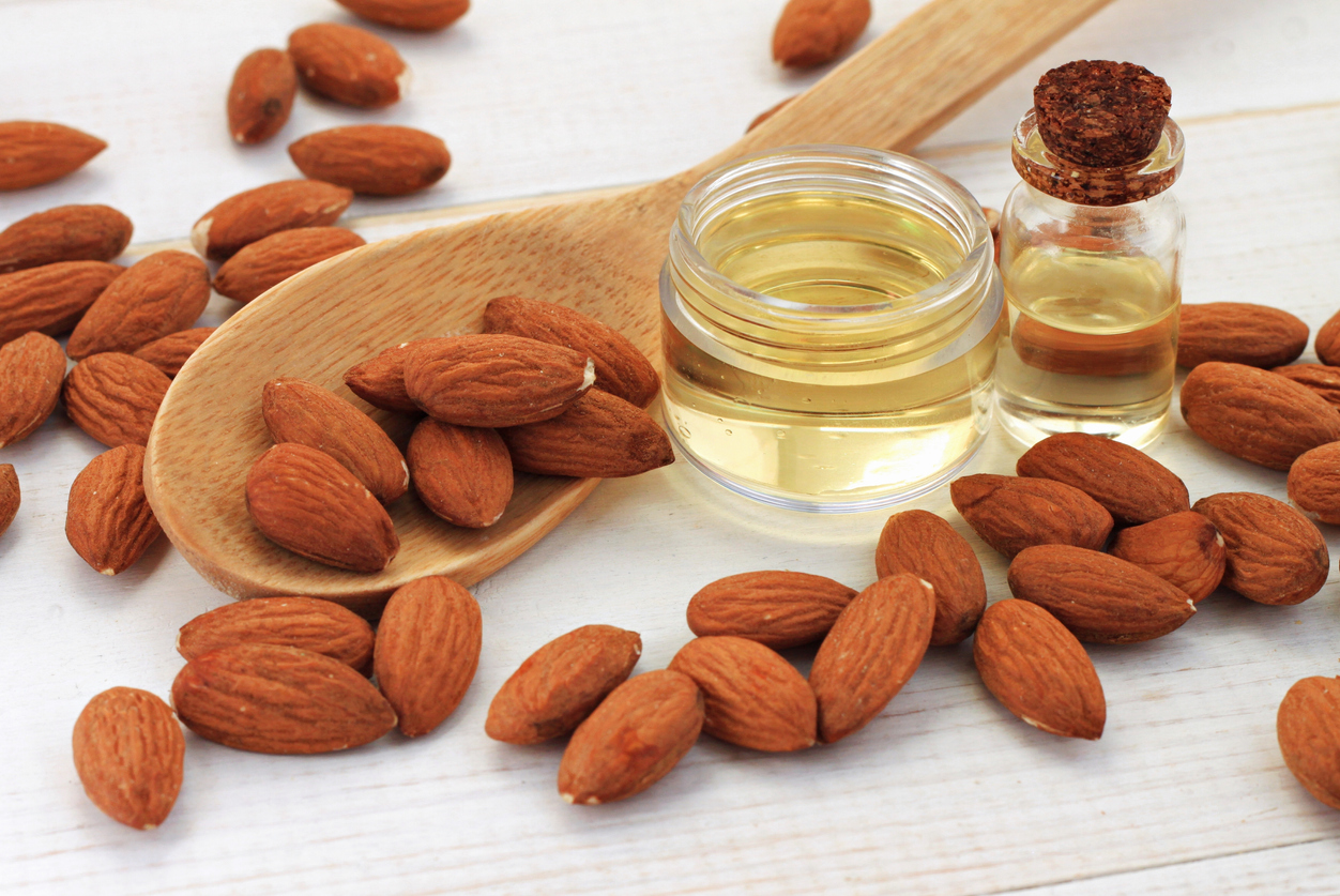 Sweet almond oil in bottles