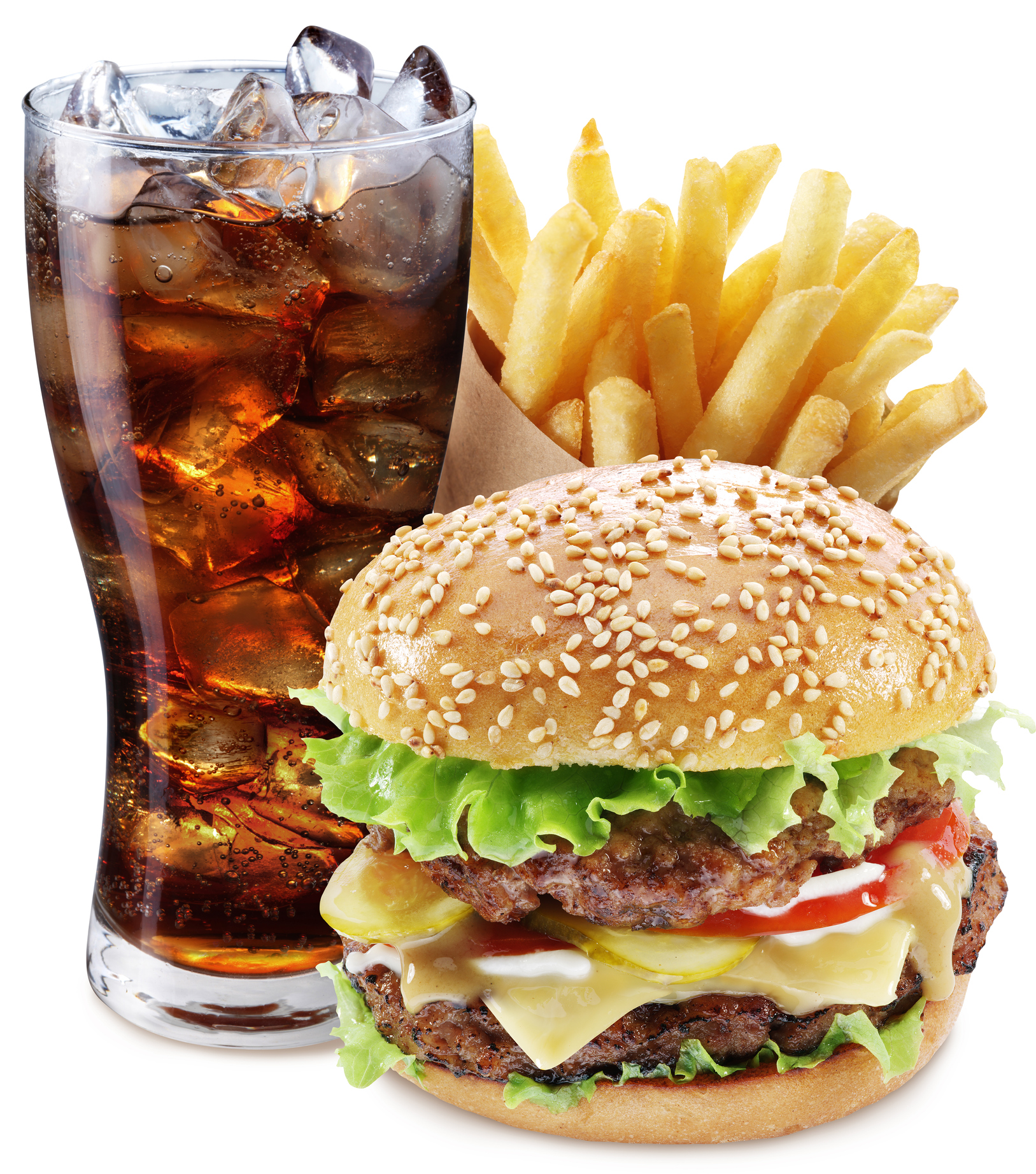 Hamburger, potato fries, cola drink.