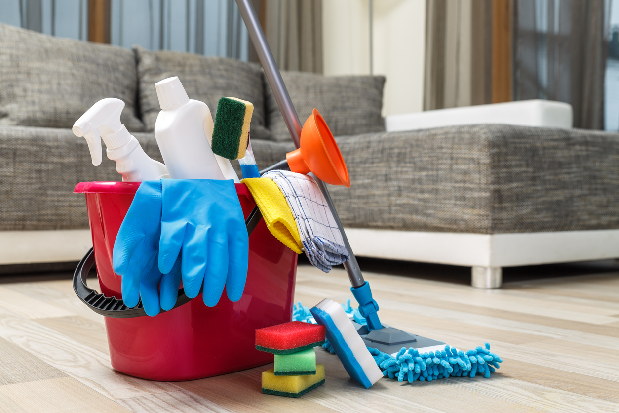 Cleaning service. Sponges, chemicals and mop.