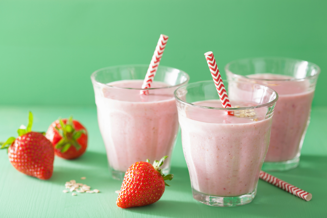 healthy strawberry oat smoothie in glass