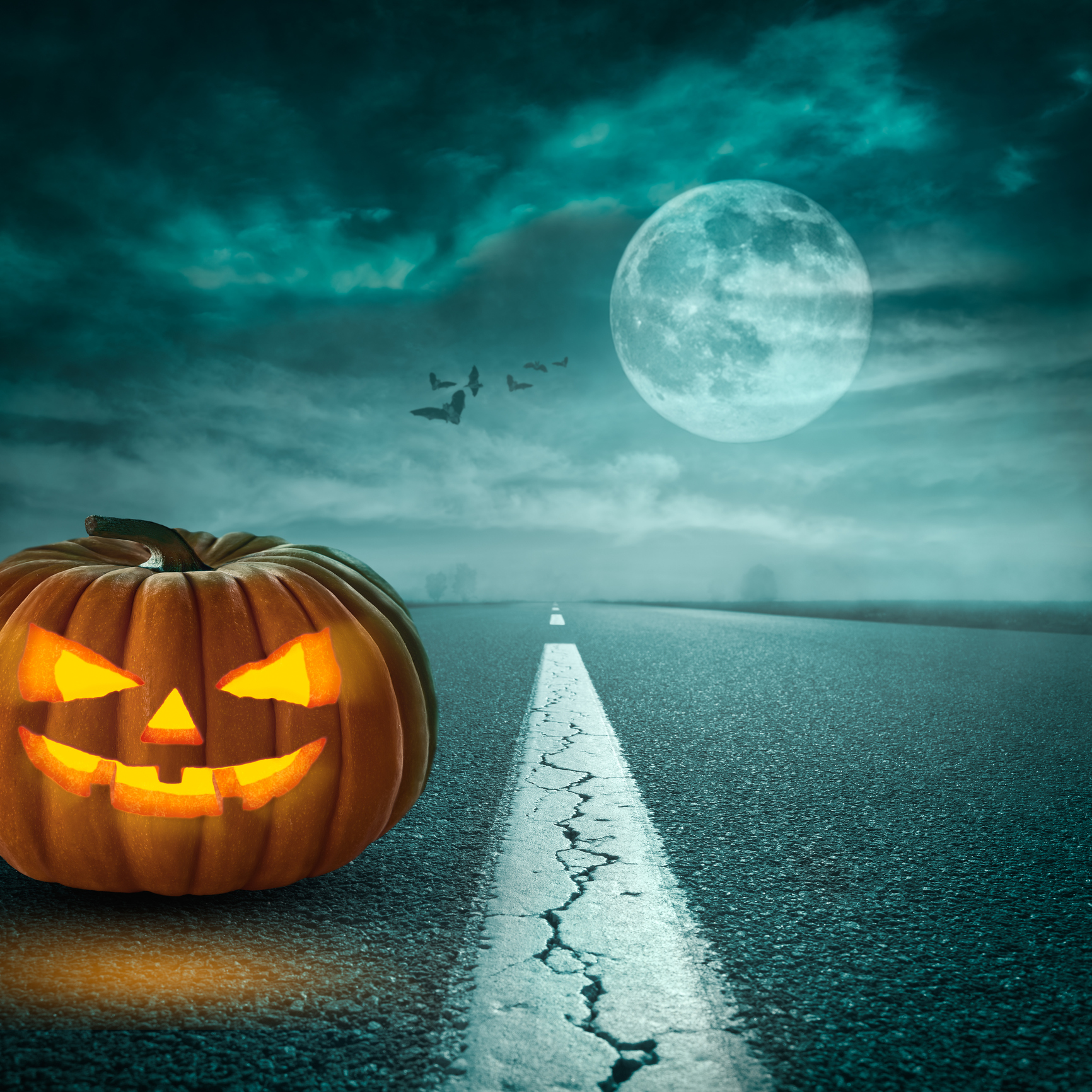 Spooky Halloween pumpkin on asphalt road at moonlight