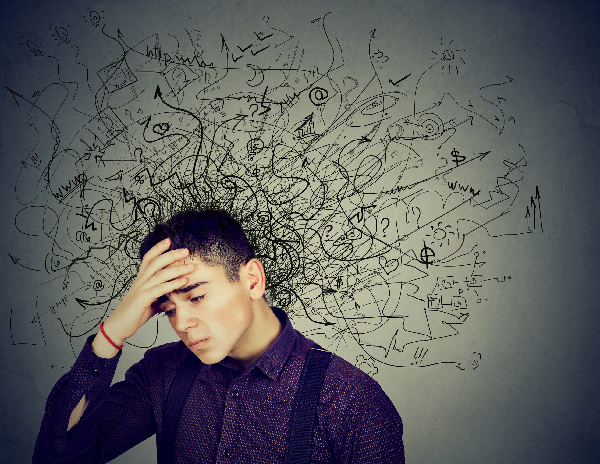 Thoughtful stressed man with a mess in his head