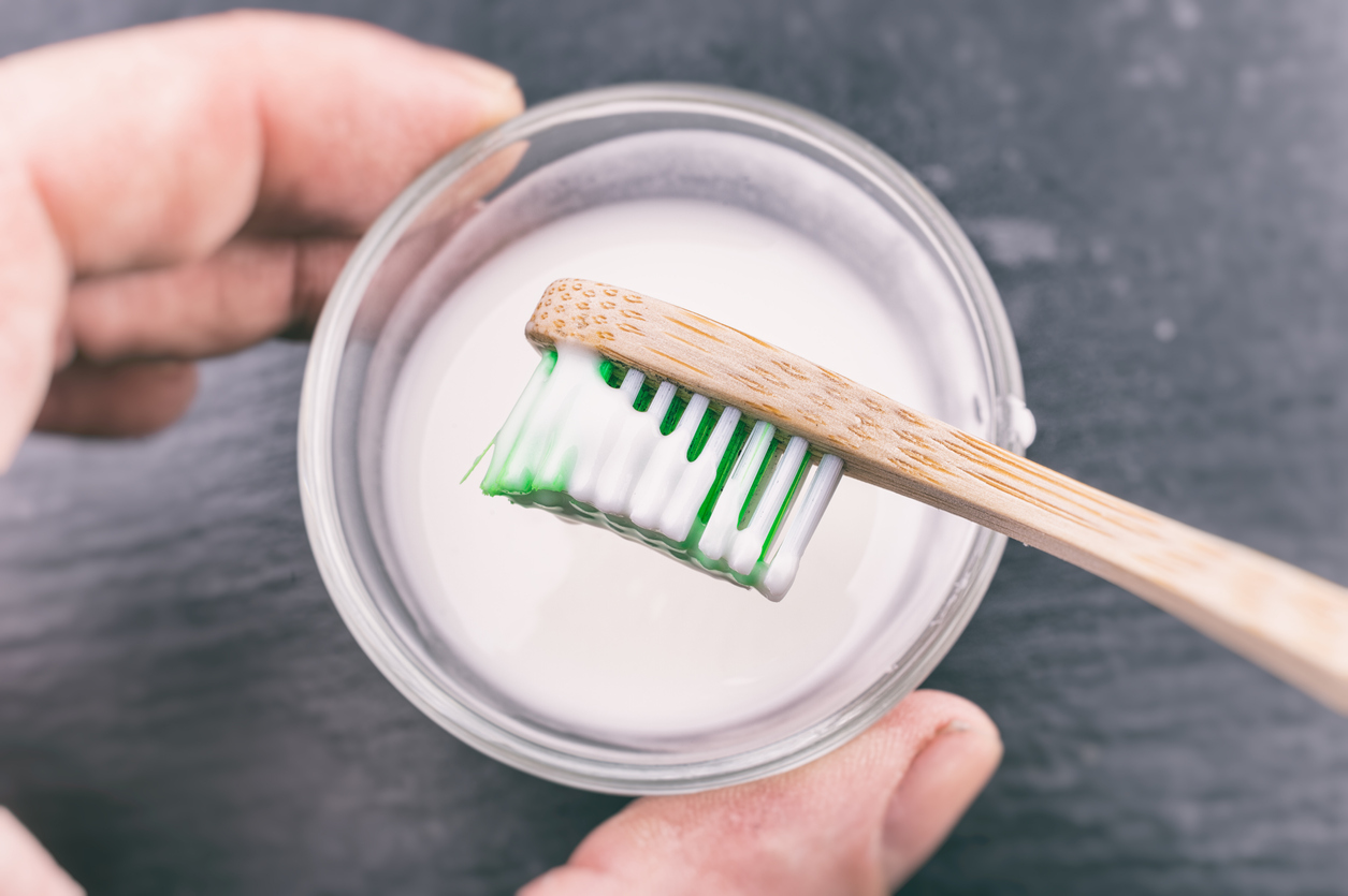 Baking soda paste on a toothbrush