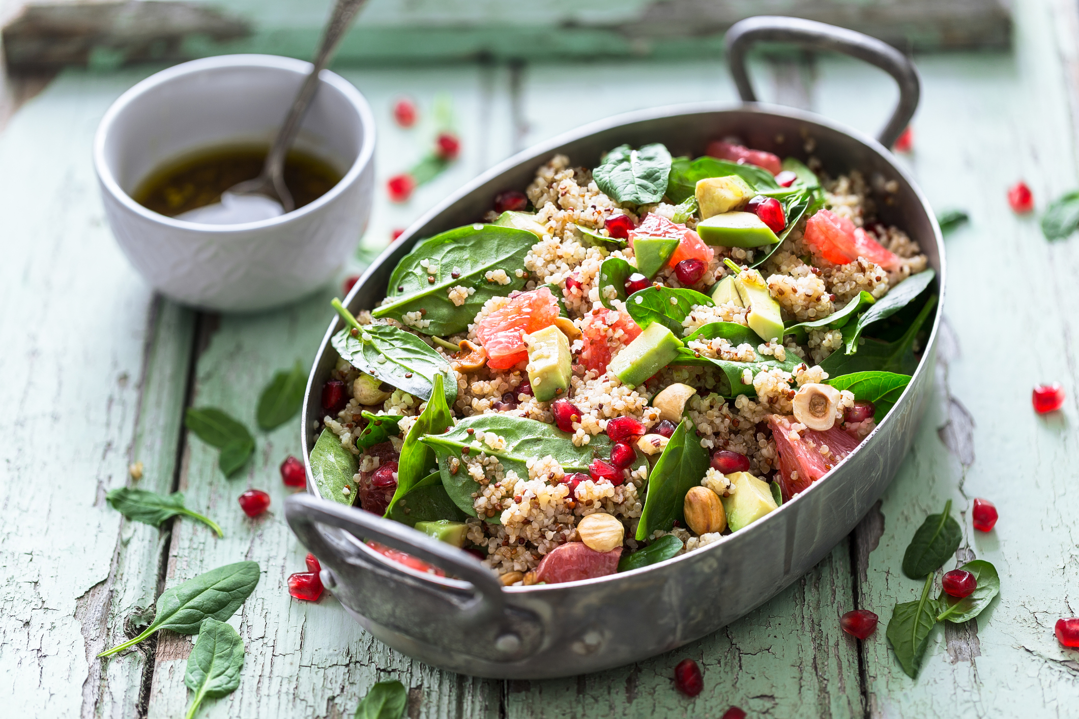 Winter Salad with Quinoa, Avocado, Blood Orange, Pomegranate, Bulgur, Hazelnuts