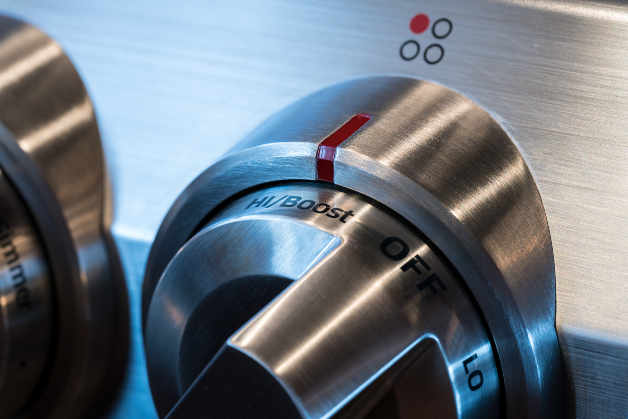 Stainless steel control knob on cooker