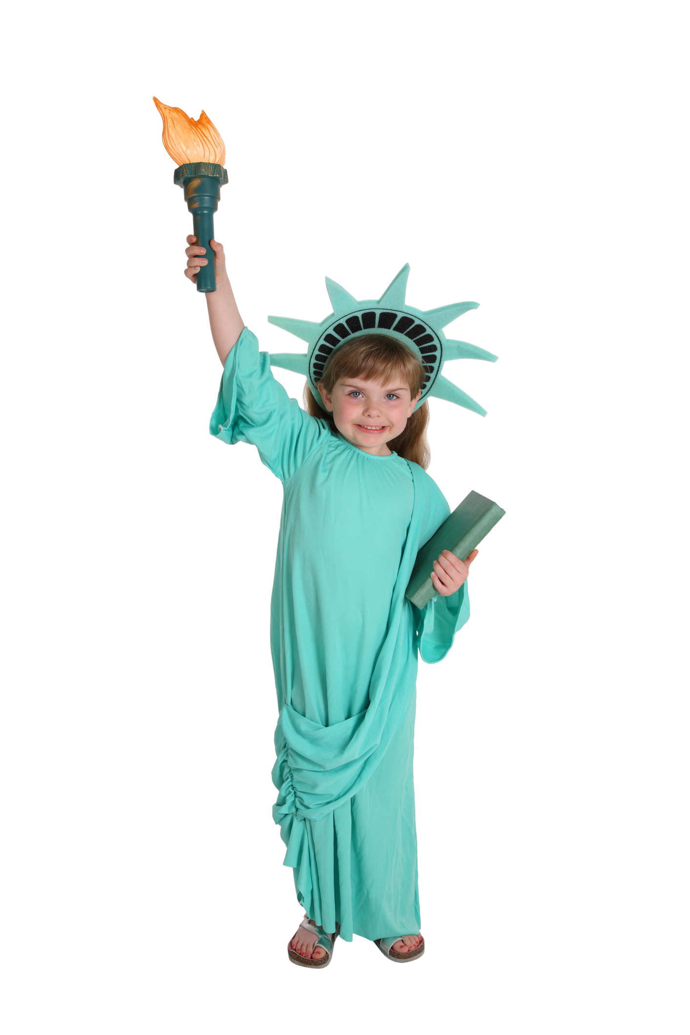 Girl dressed like Statue of Liberty on white background