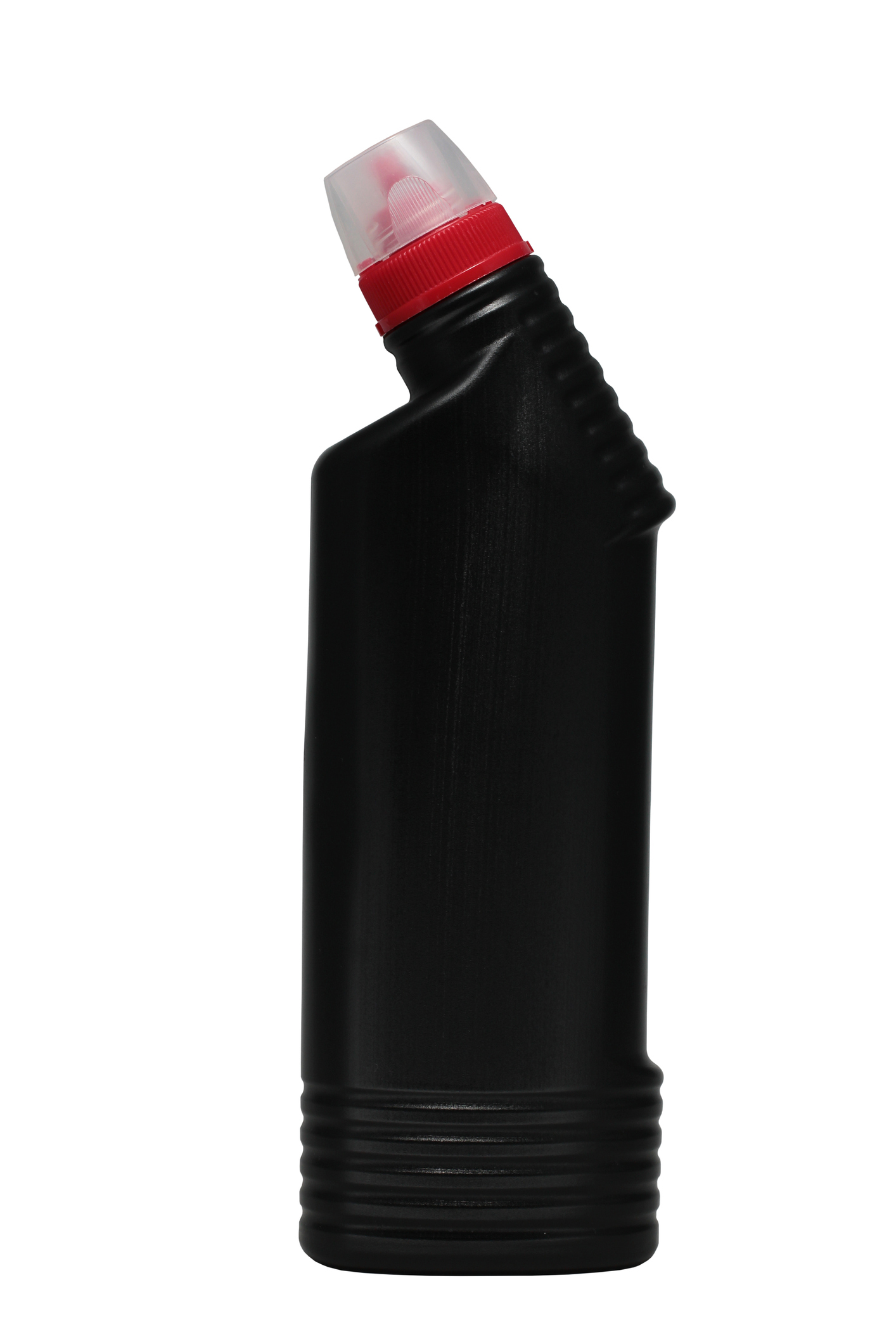 black bottle of liquid drain cleaner with red cap on isolated white background