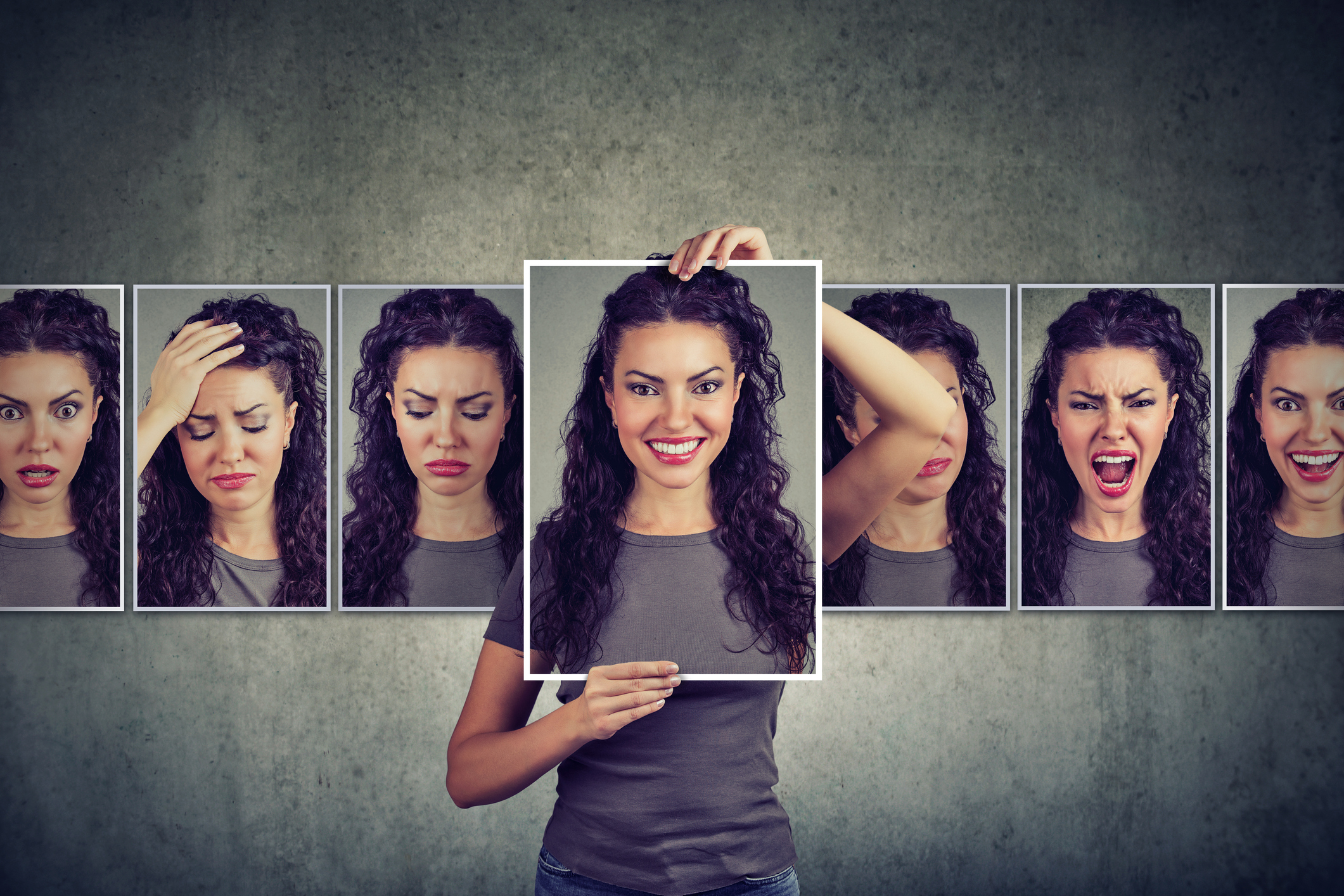 Masked woman expressing different emotions