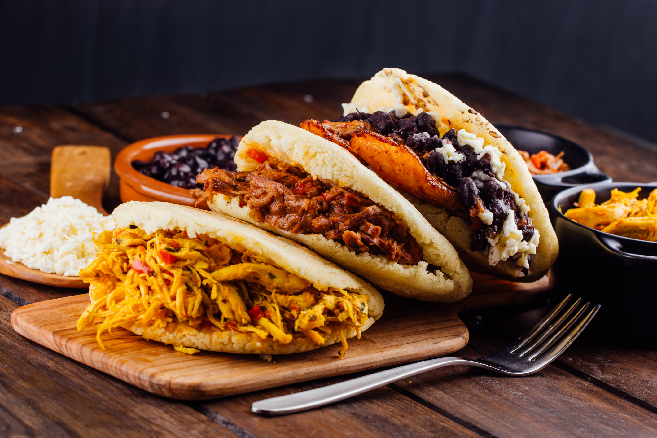 Latin American breakfast, Arepas with several ingredients.