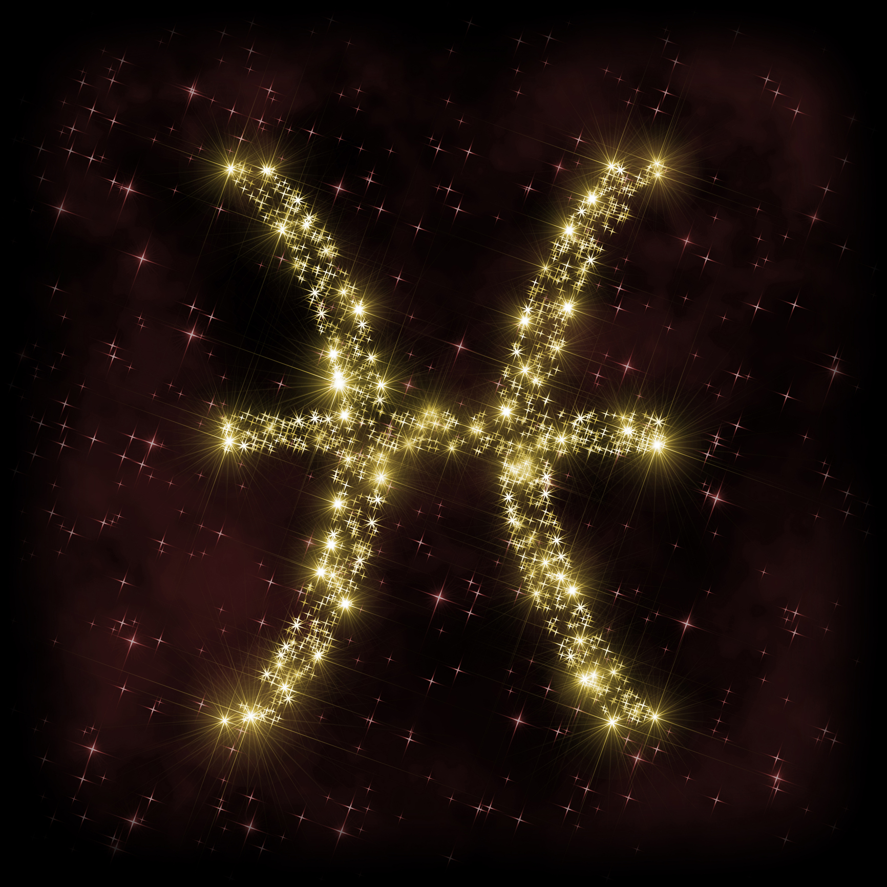 Pisces Zodiak sign - astronomy or astrology illustration in which symbol corresponding to constellation is made of twinkling sparkling yellow (golden) stars