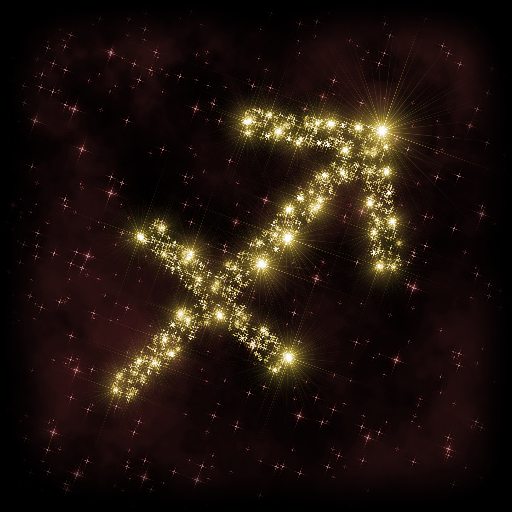 Sagittarius Zodiak sign - astronomy or astrology illustration in which symbol corresponding to constellation is made of twinkling sparkling yellow (golden) stars