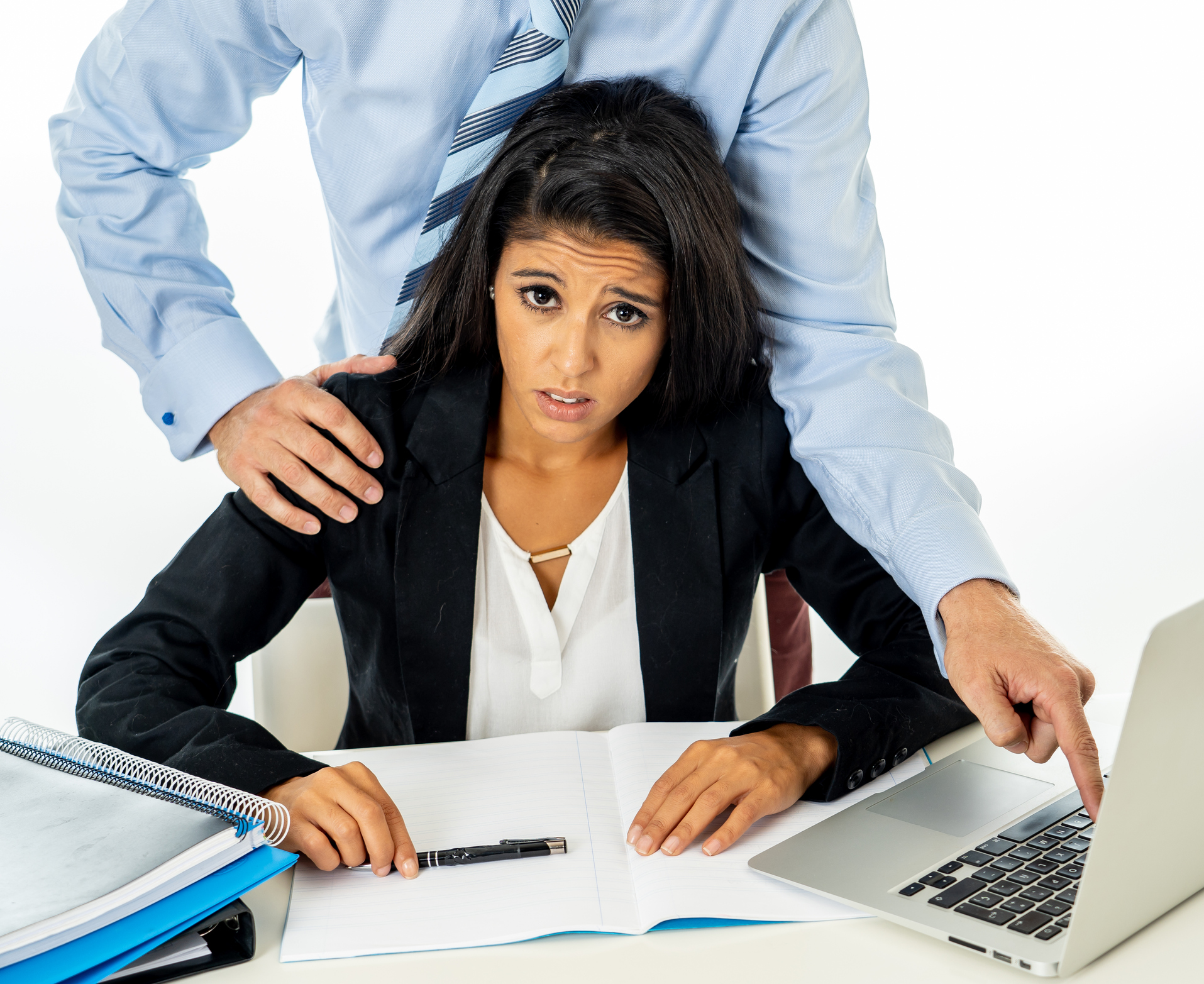 Uncomfortable scared woman being harass by her boss at office in Sexual harassment at work place, women rights, sexual abuse concept isolated in white background.