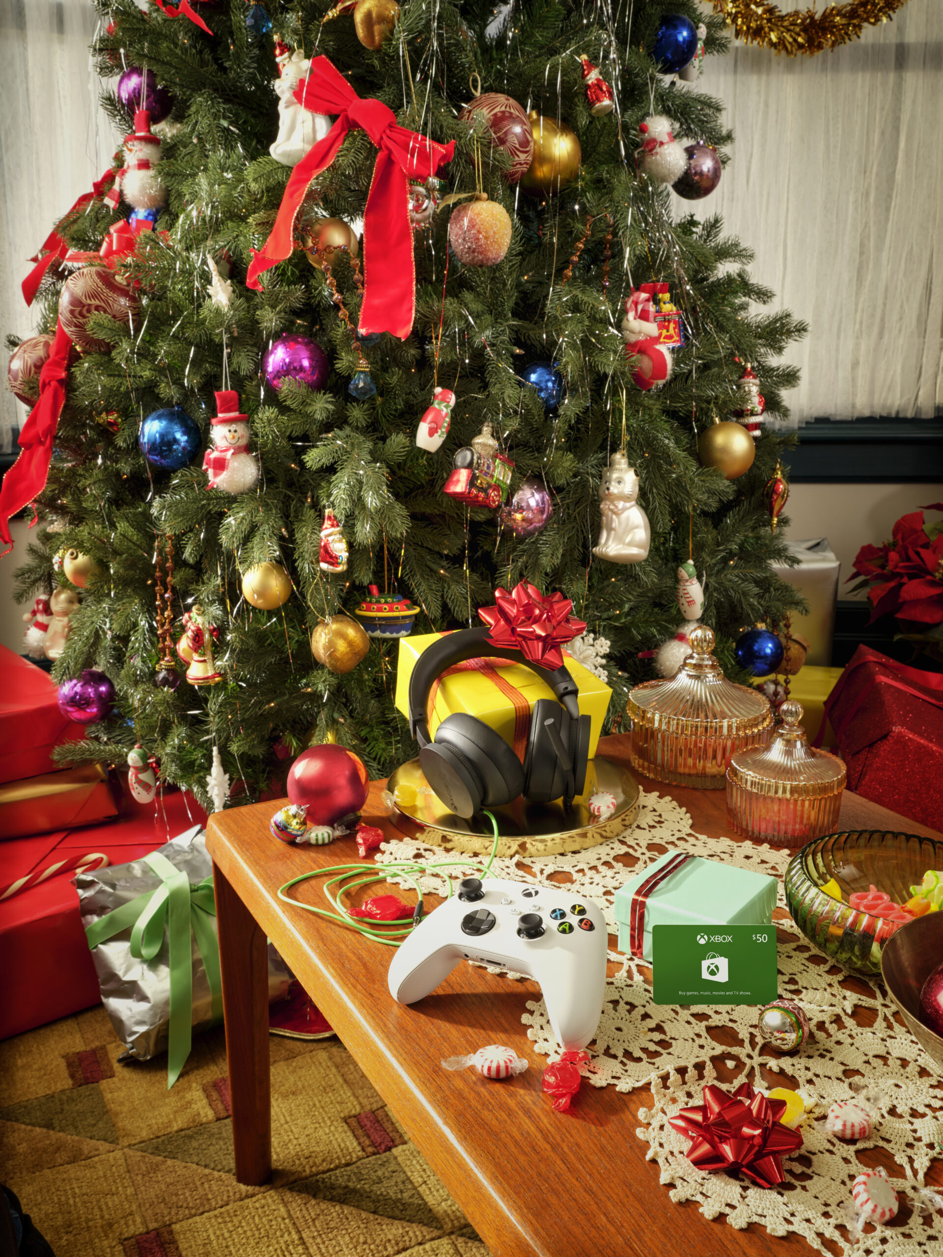 christmas tree and various gifts