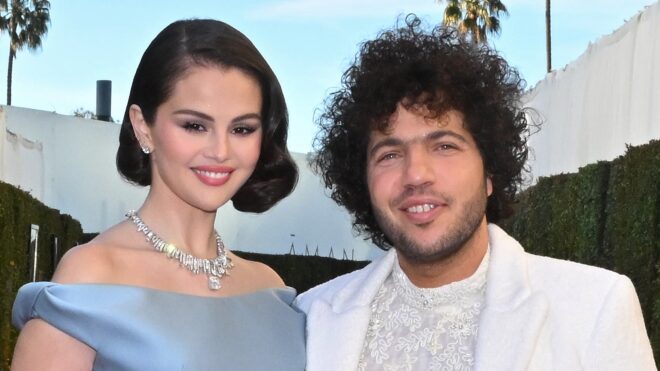 Selena Gomez, Benny Blanco during the 82nd Annual Golden Globes held at The Beverly Hilton on January 05, 2025 in Beverly Hills, California.