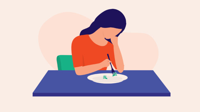 illustration of sad woman not eating her broccoli