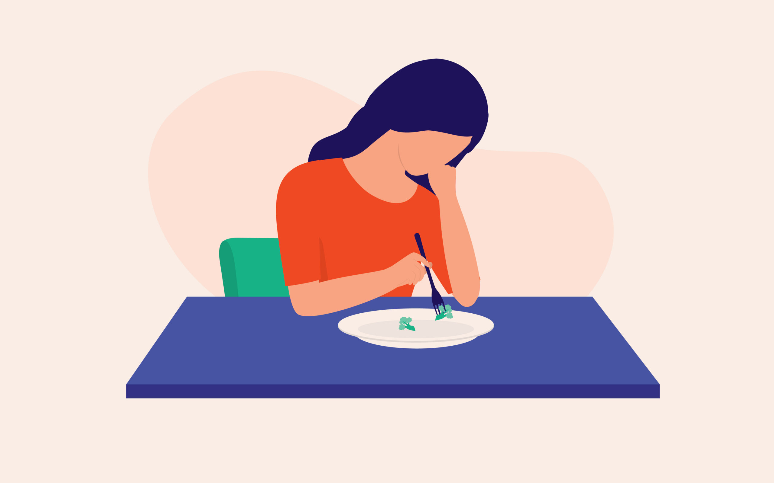 illustration of sad woman not eating her broccoli