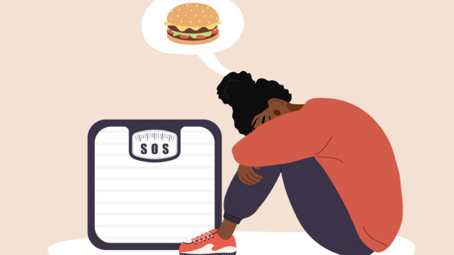 Food addiction concept. Eating disorder. Sad african woman sitting on floor and hugging knees. Depressed girl thinking about hamburger. Vector illustration in flat cartoon style.