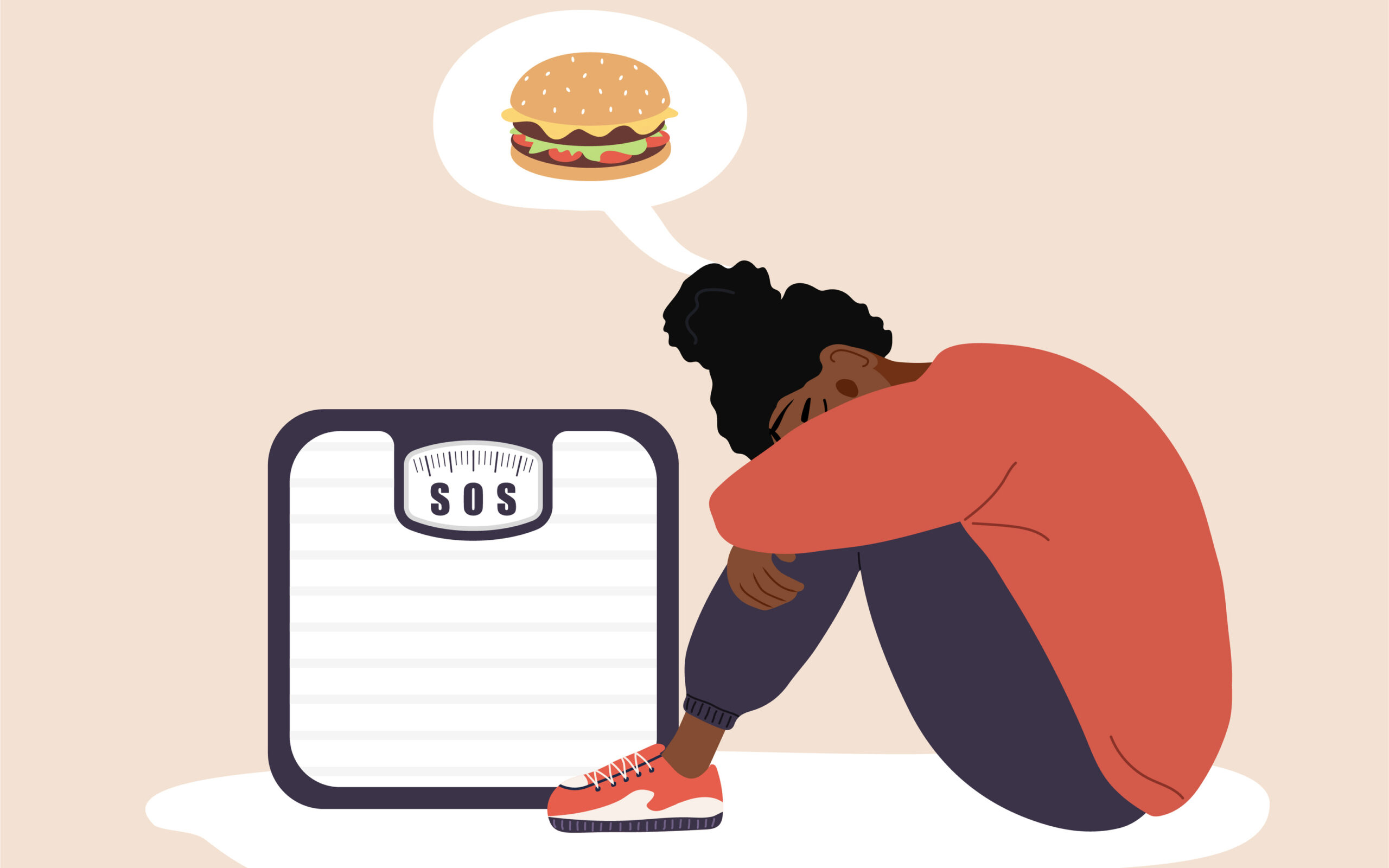 Food addiction concept. Eating disorder. Sad african woman sitting on floor and hugging knees. Depressed girl thinking about hamburger. Vector illustration in flat cartoon style.