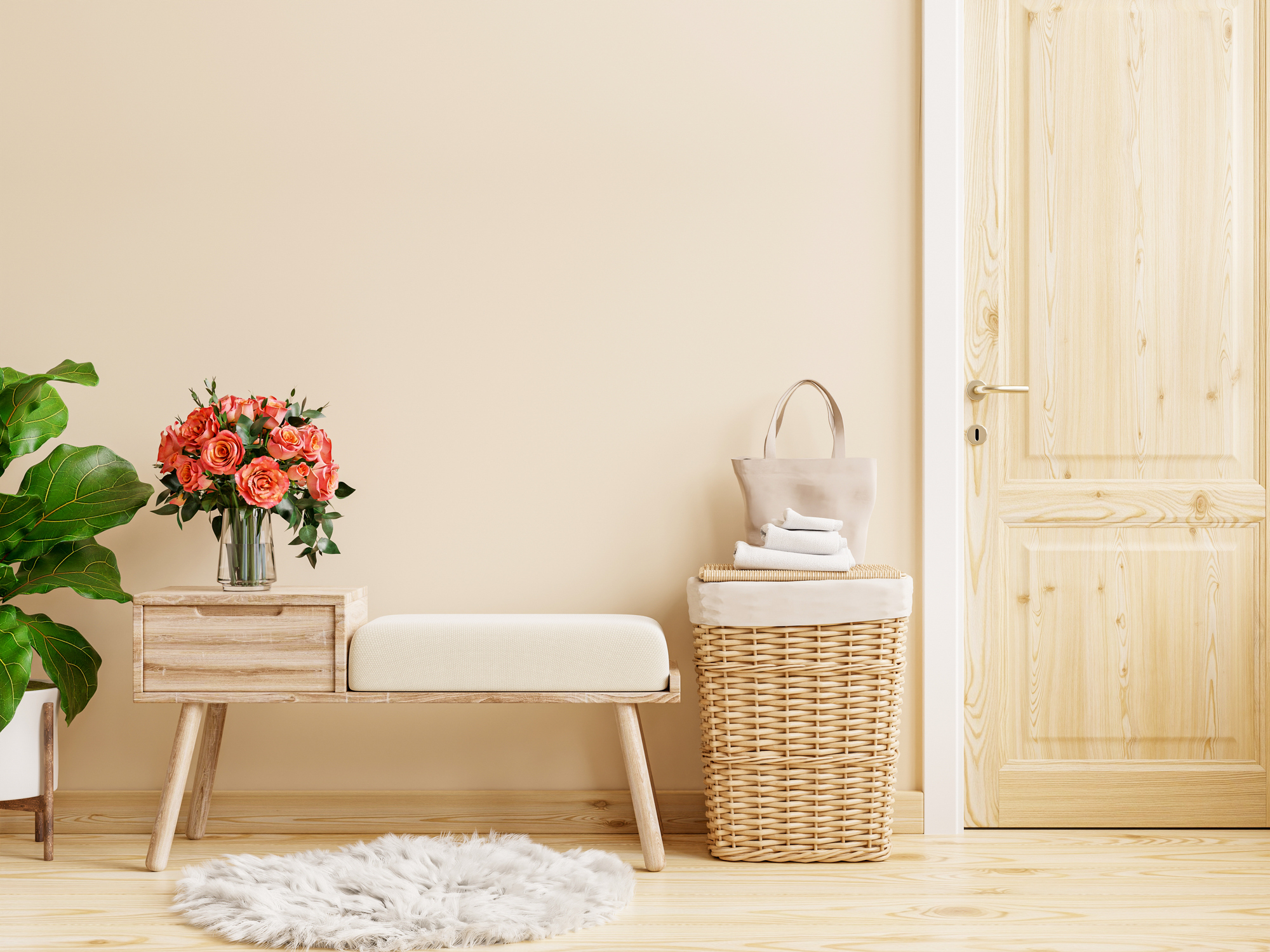 Door storage bench with cream colored wall.