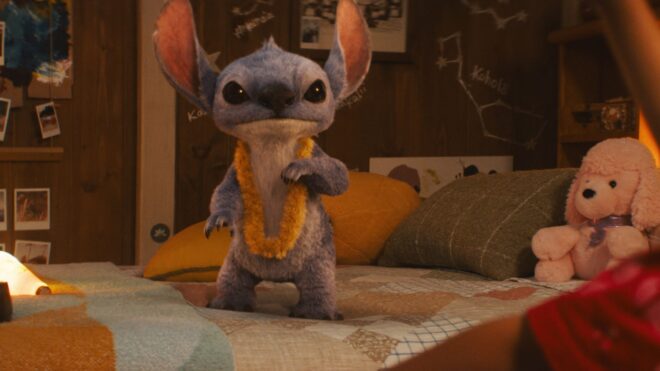 Stitch on a bed from the live-action remake of Lilo & Stitch