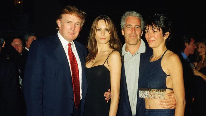 Donald Trump and his girlfriend (and future wife), former model Melania Knauss, financier (and future convicted sex offender) Jeffrey Epstein, and British socialite Ghislaine Maxwell pose together at the Mar-a-Lago club, Palm Beach, Florida